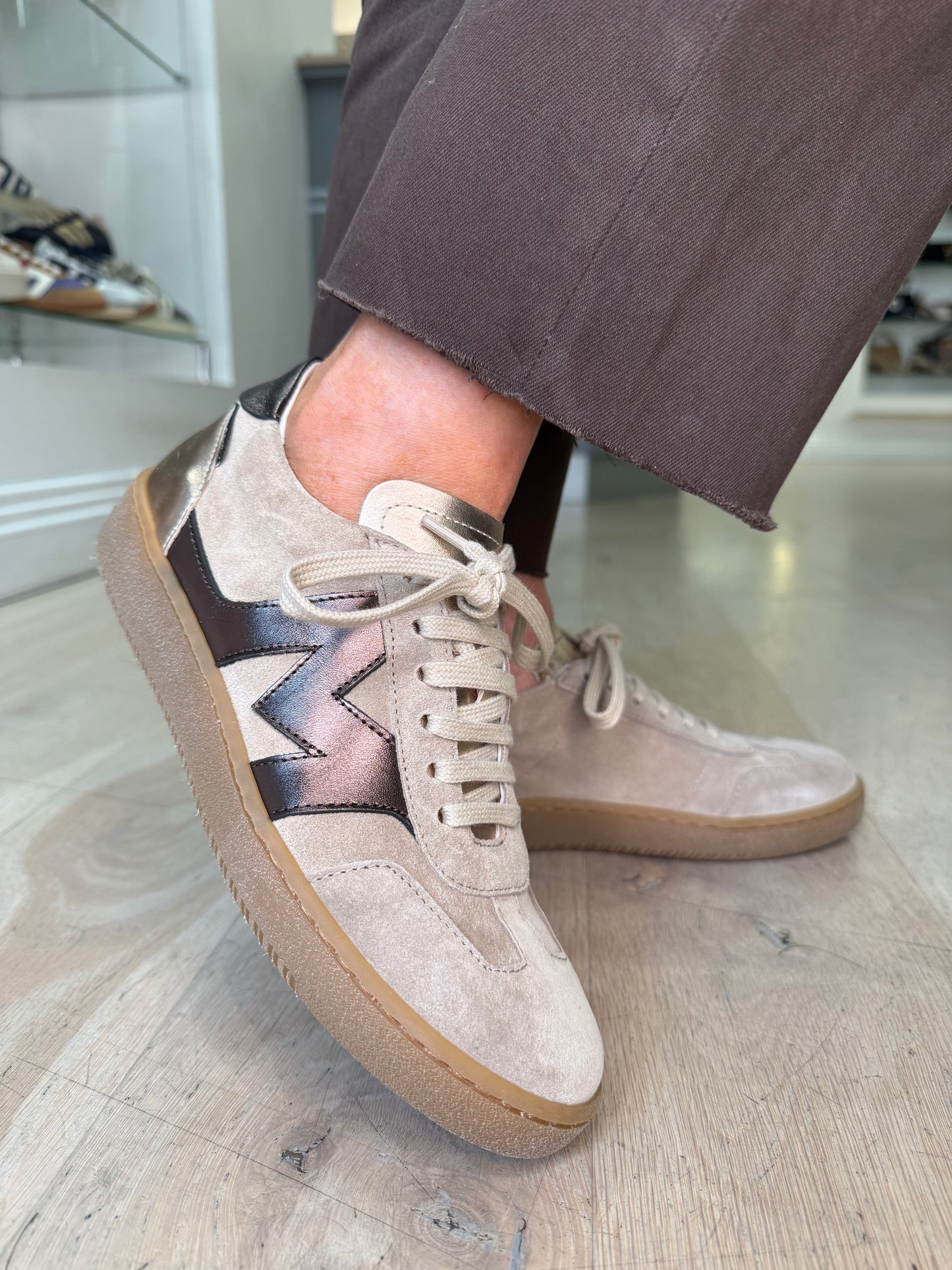 Marco Moreo -Beige Suede Trainer With Bronze Trim