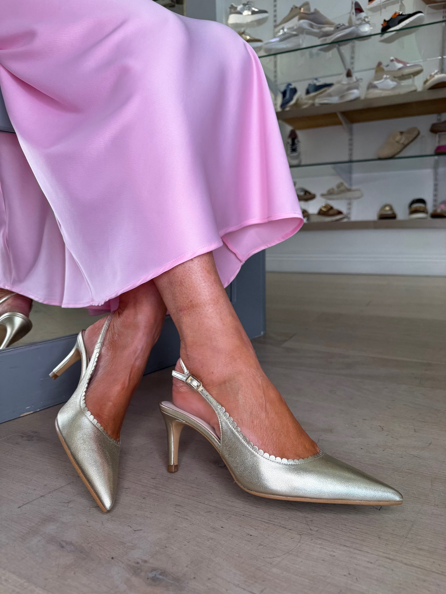 Lodi - Soft Metallic Gold Leather Slingback Shoe With Scalloped Edge