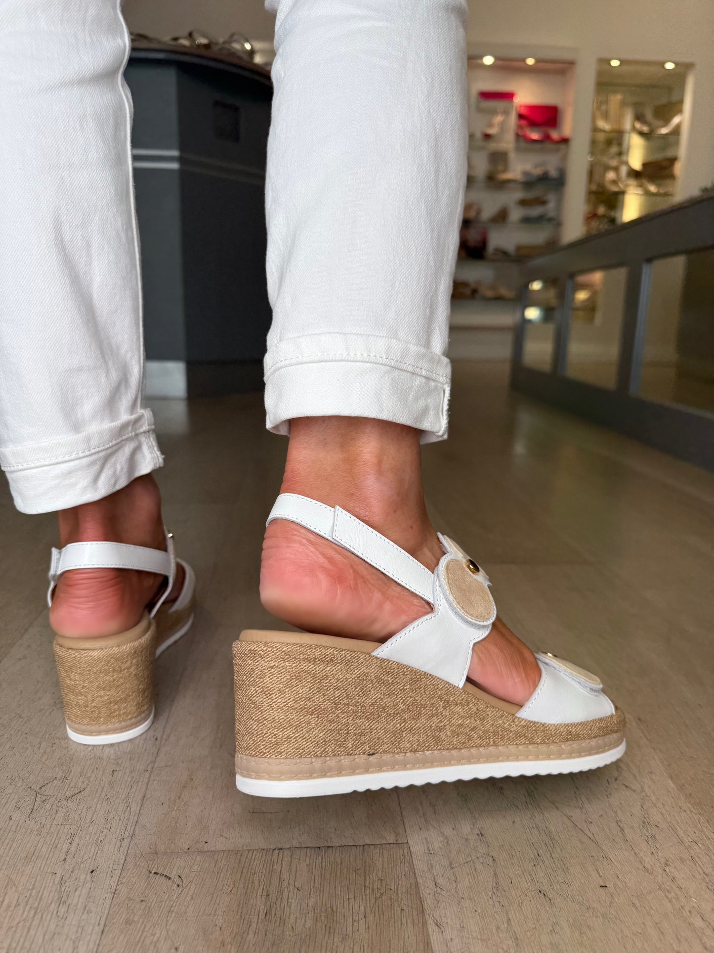 Repo - White Leather 2 Strap Velcro Wedge Sandal With Beige Circle Trim