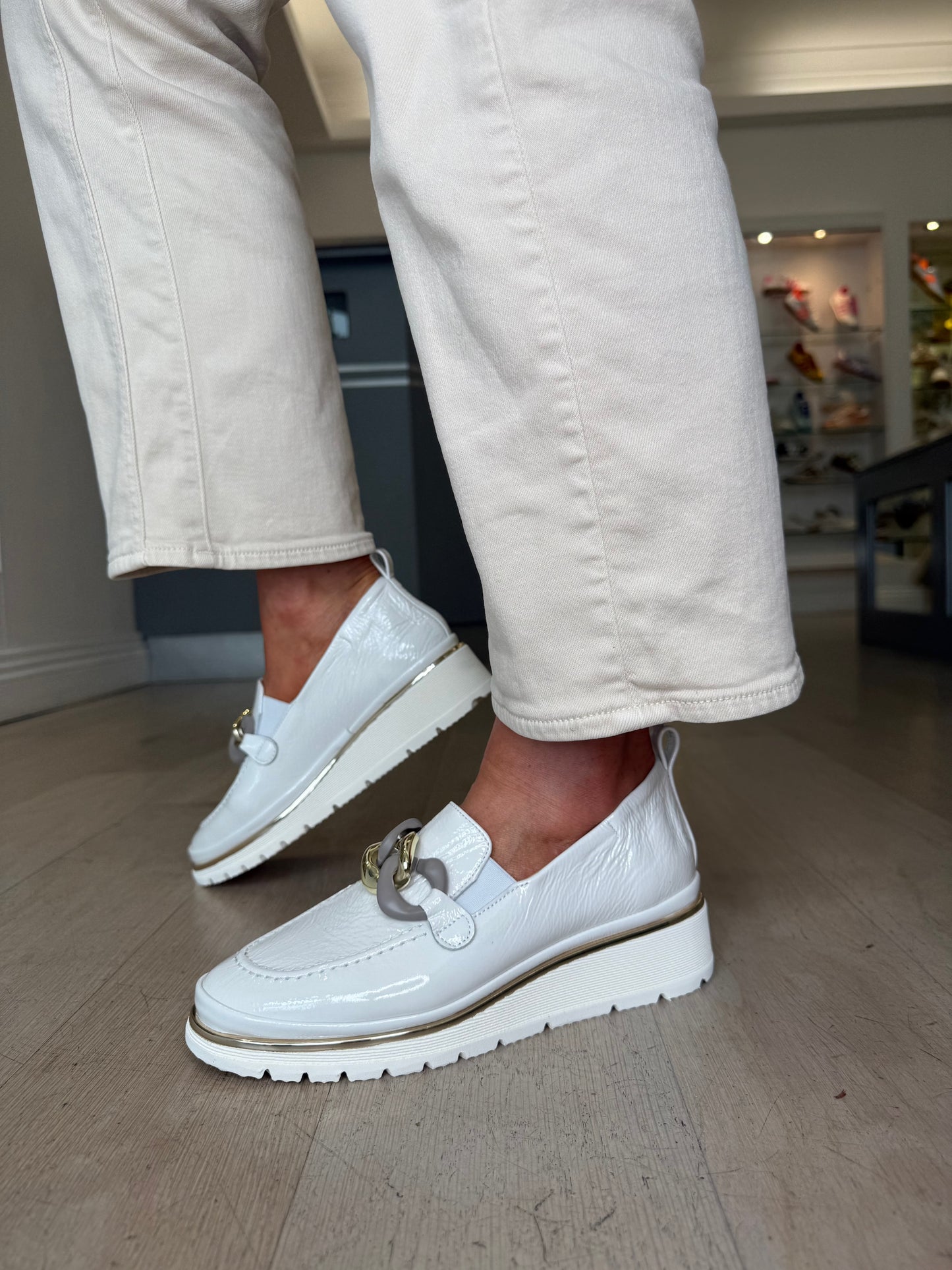 XSA -Soft Flexy Off White Patent Leather Slip On Wedge Shoe