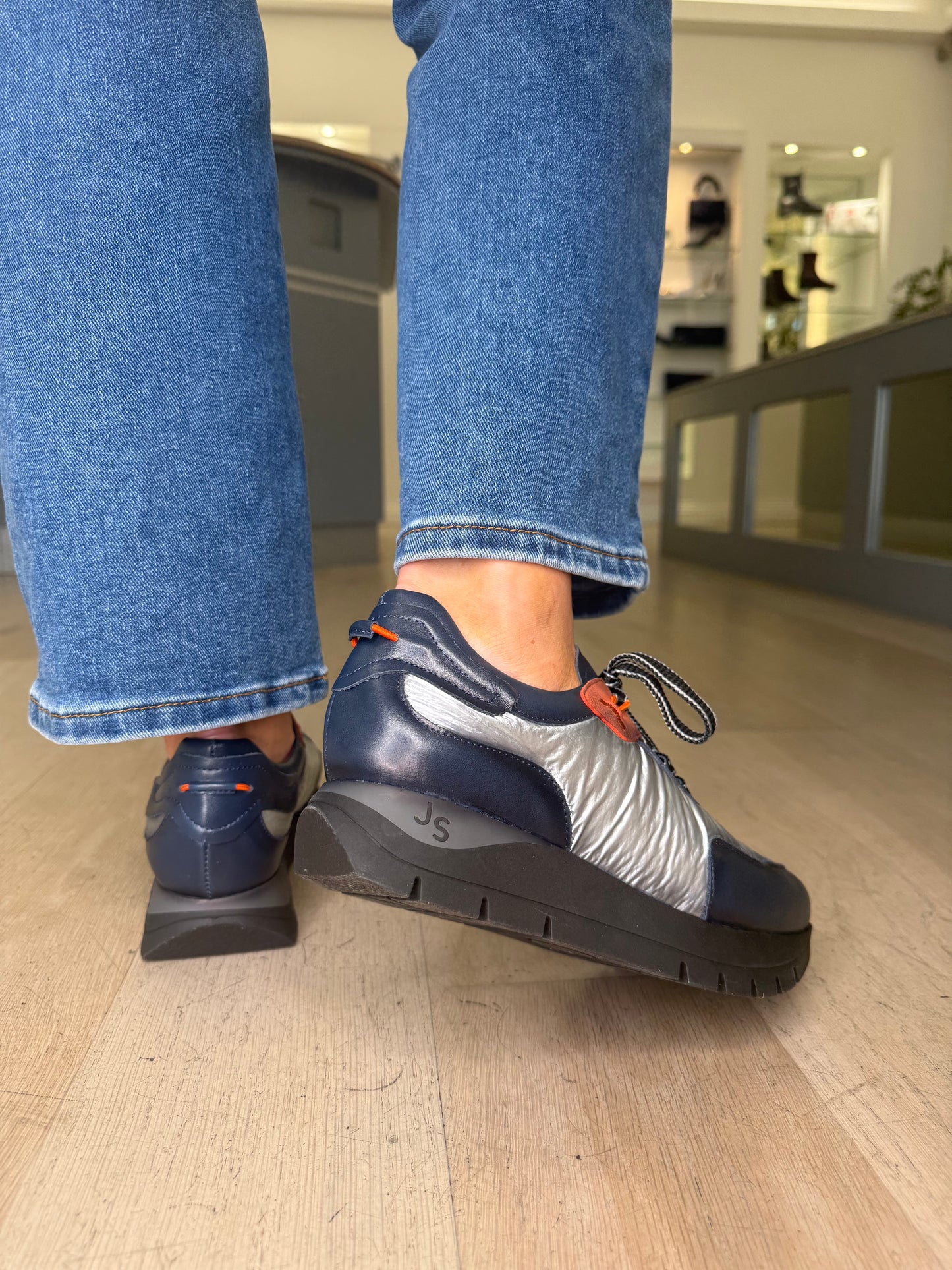 Jose Saenz - Dark Navy Leather Trainer With Metallic Silver Cushioned Fabric & Orange Trim