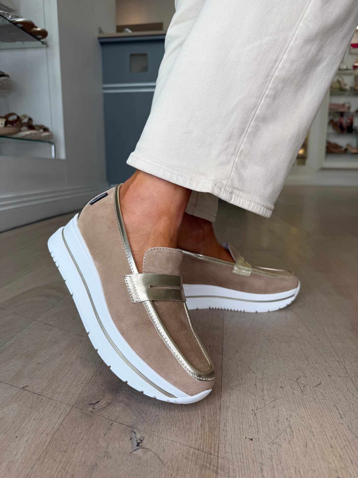 Marco Moreo - Arianna Camel Suede With Soft Gold Trim Slip On Wedge Shoe