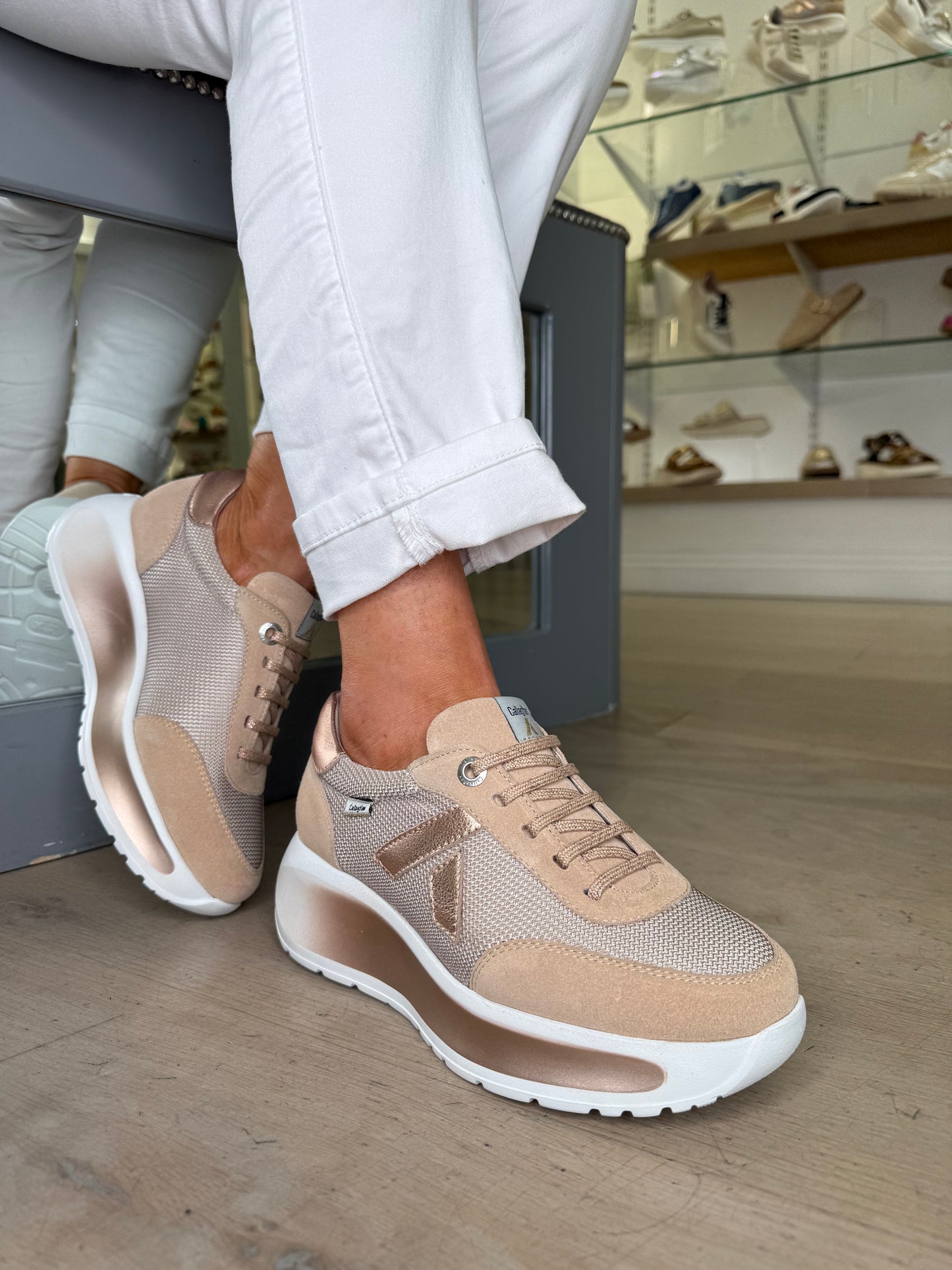 Callaghan - Sand Suede Lace Up Shoe With Rose Gold  Metallic Trim