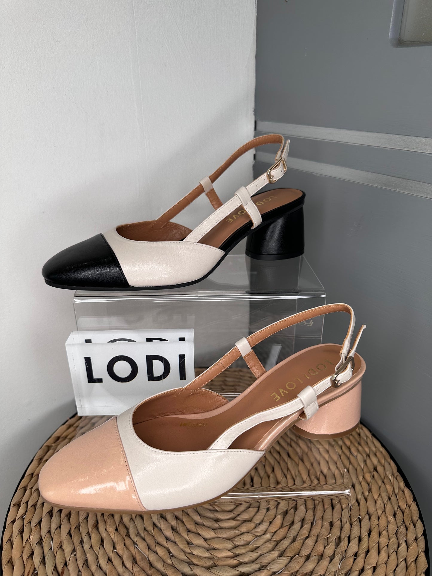 Lodi (Love) - Cream/Beige Slingback Pomp Style Block Heel Shoe