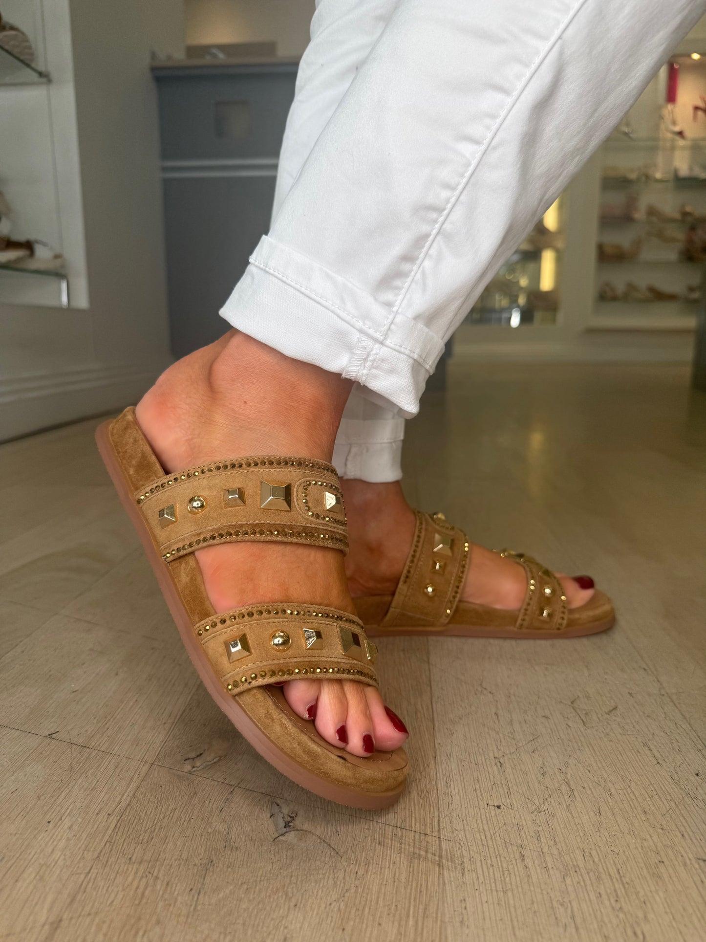 Lodi - Camel Suede 2 Strap Slider With Gold Stud Trim