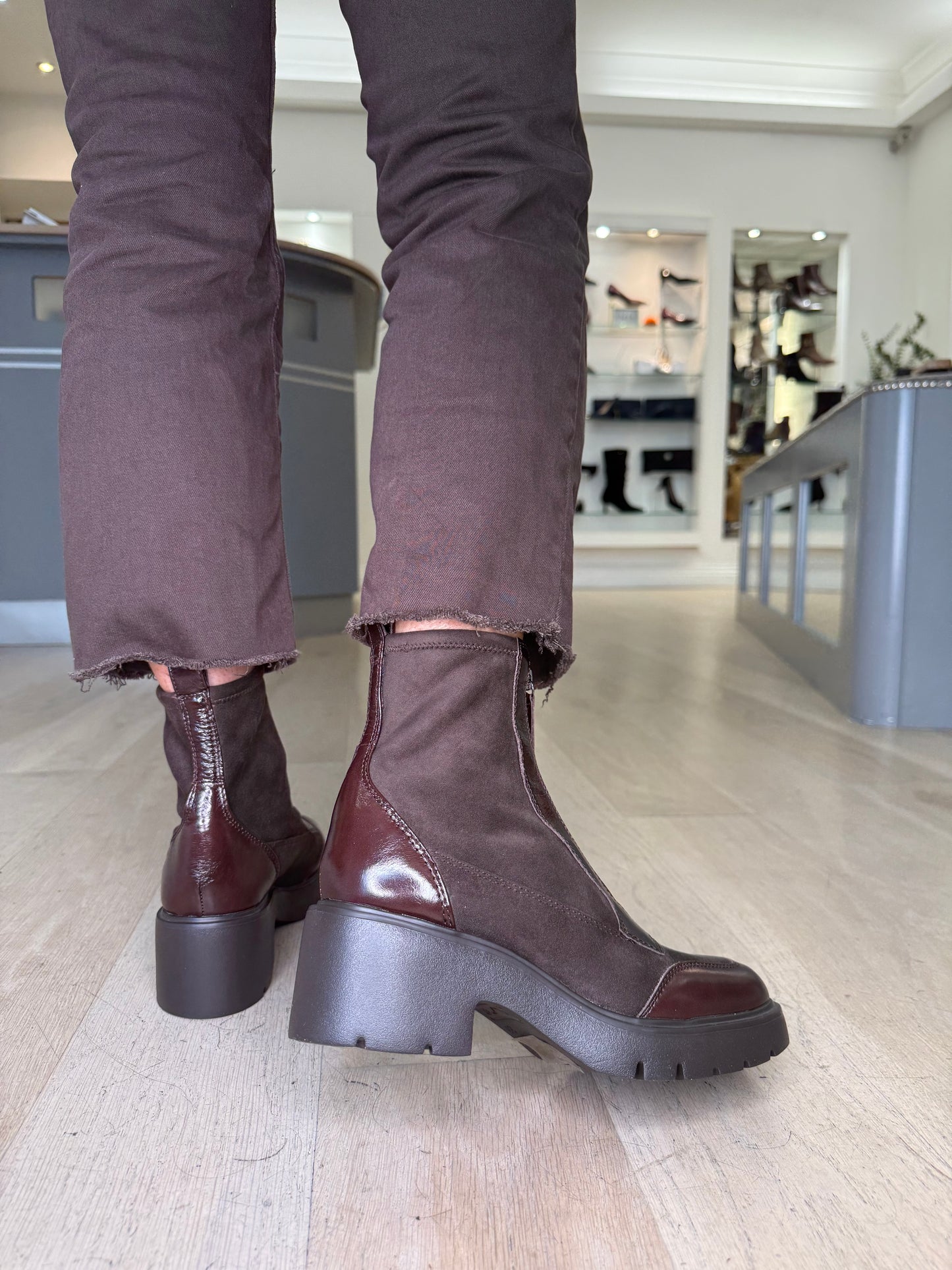 Unisa -Brown Patent & Stretch Suede Mix Zip Up Boot