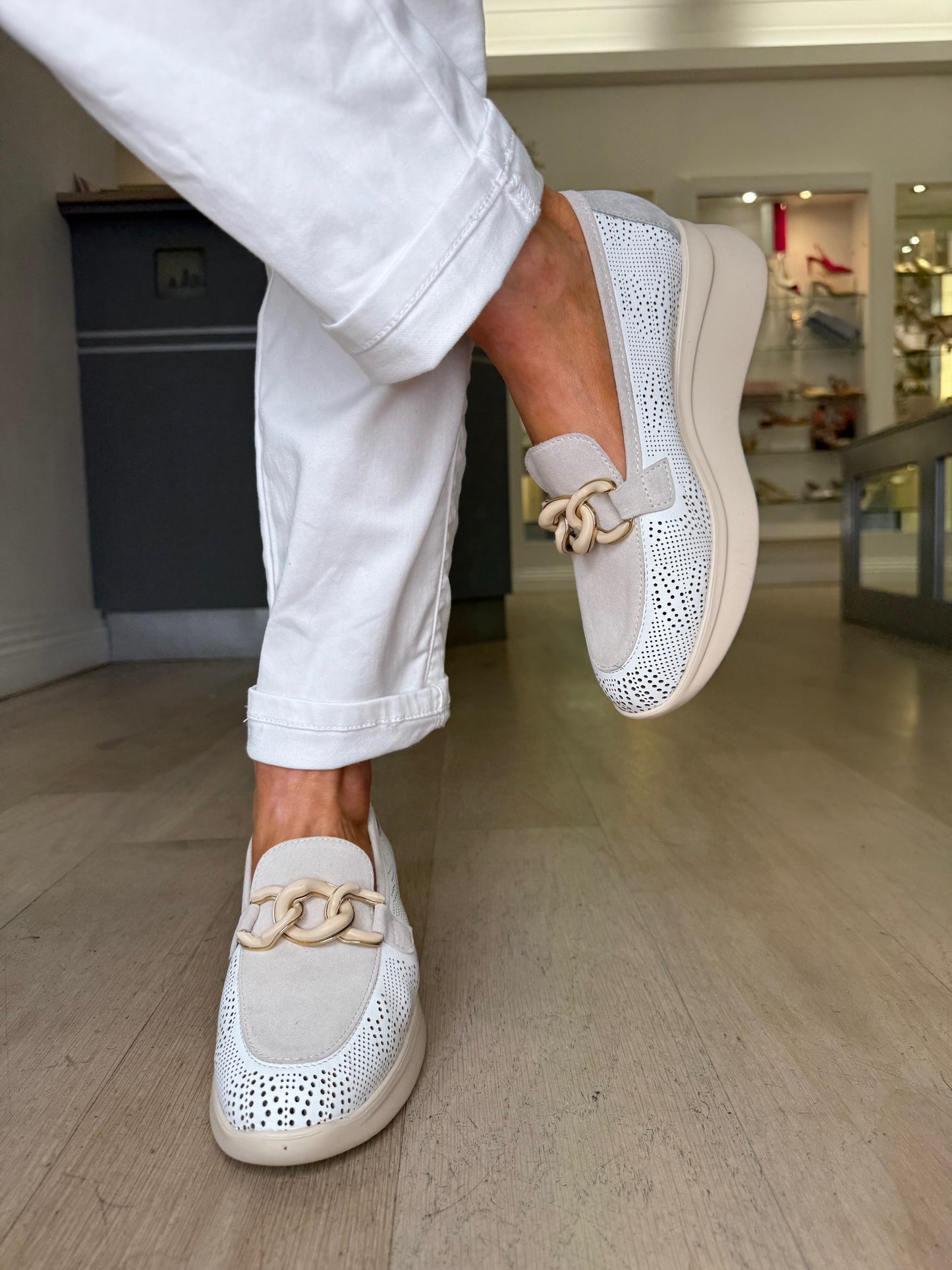 Callaghan -White Leather & Taupe Suede Slip On Wedge Shoe