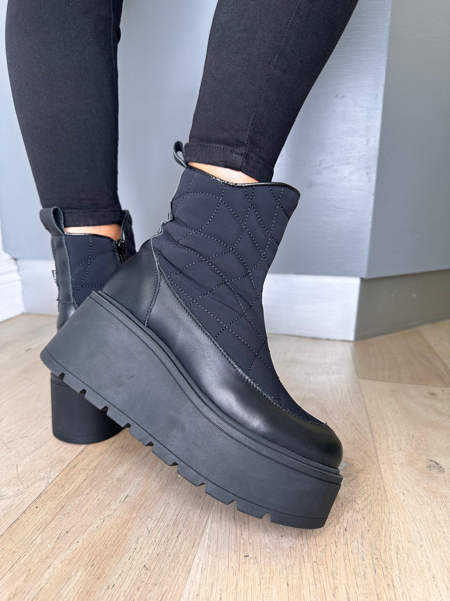 Marco Moreo - Black Padded Quilted Fabric / Leather Chunky Sole Boot