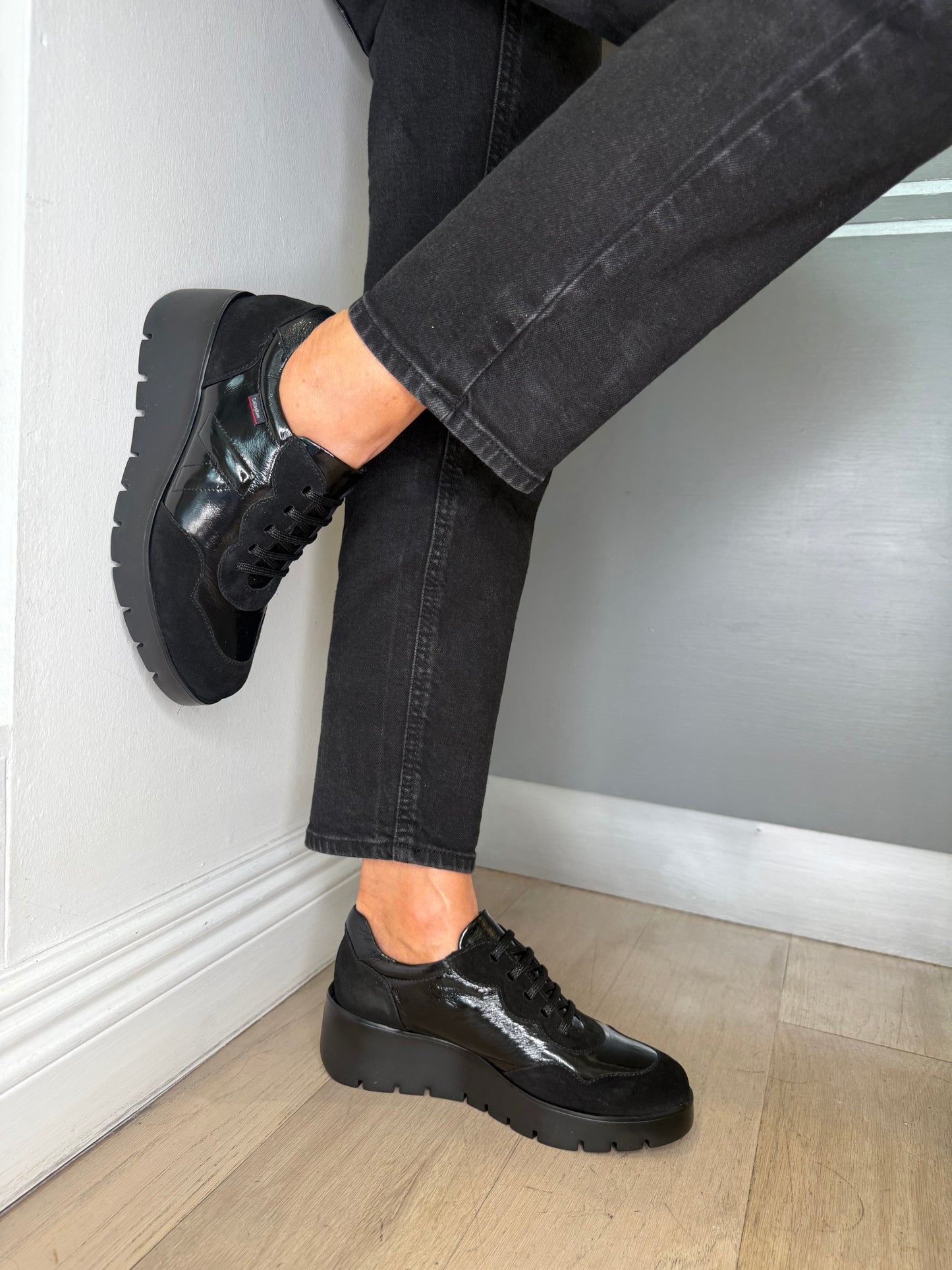 Callaghan - Black Patent & Suede Lace Up Trainer With Wedge Sole