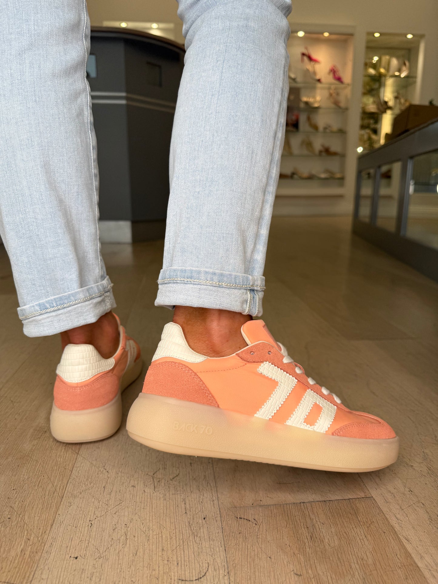 Back 70 - Peach Suede & Fabric Mix Platform Trainer
