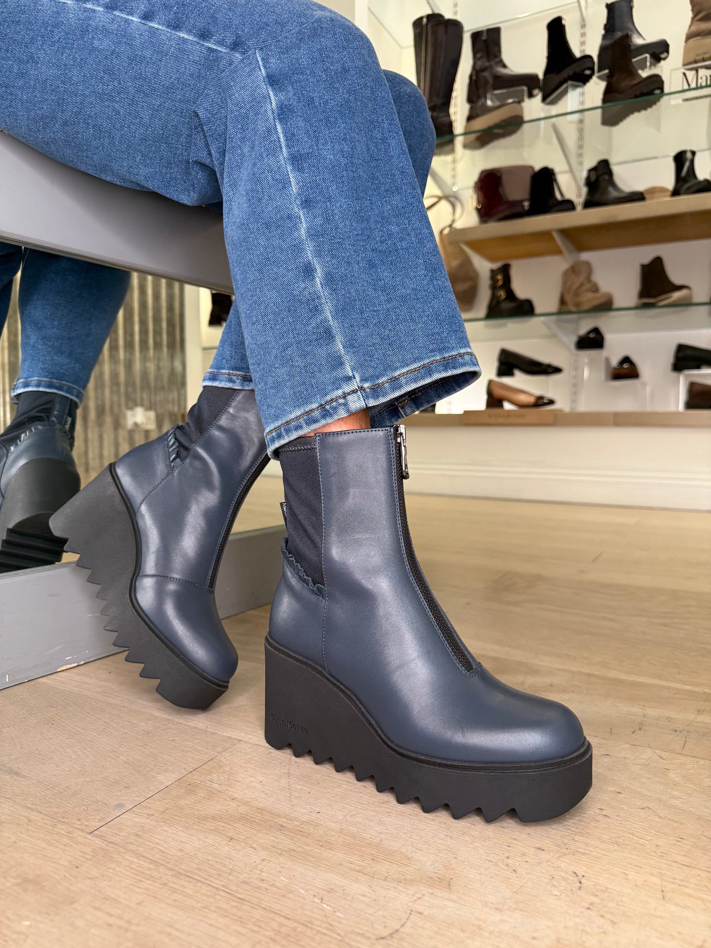 Marco Moreo - Navy Leather Chunky Sole Wedge Boot With Frill Detail