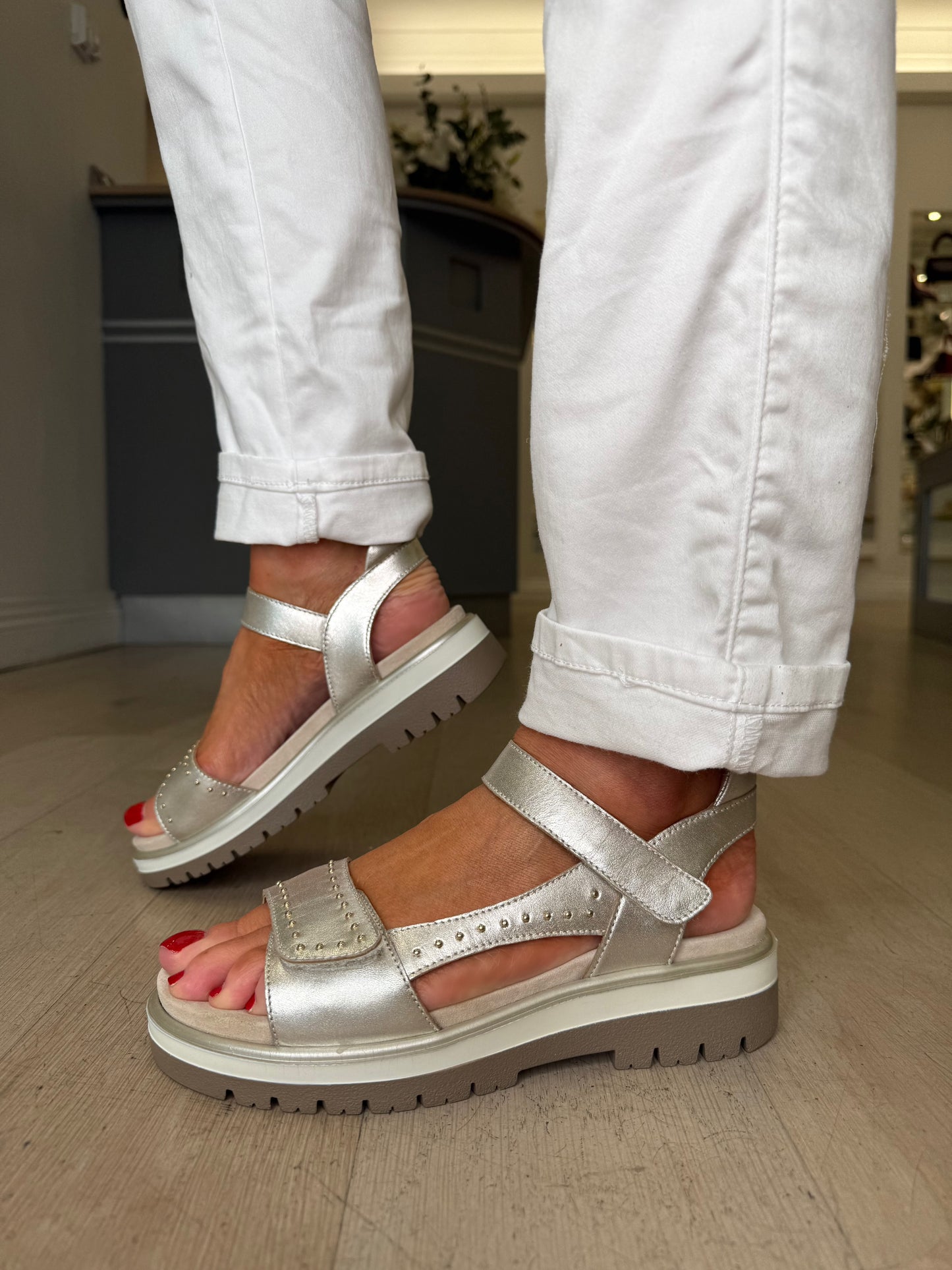 Ara -Soft Gold Velcro Strap Sandal With Gold Stud Trim