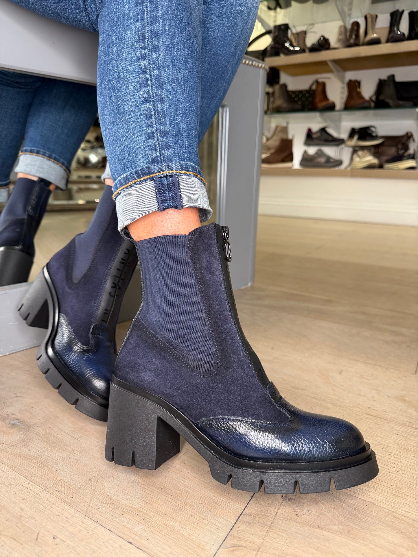 Hispanitas - Navy Suede & Leather Block Heel Boot With Platform Sole