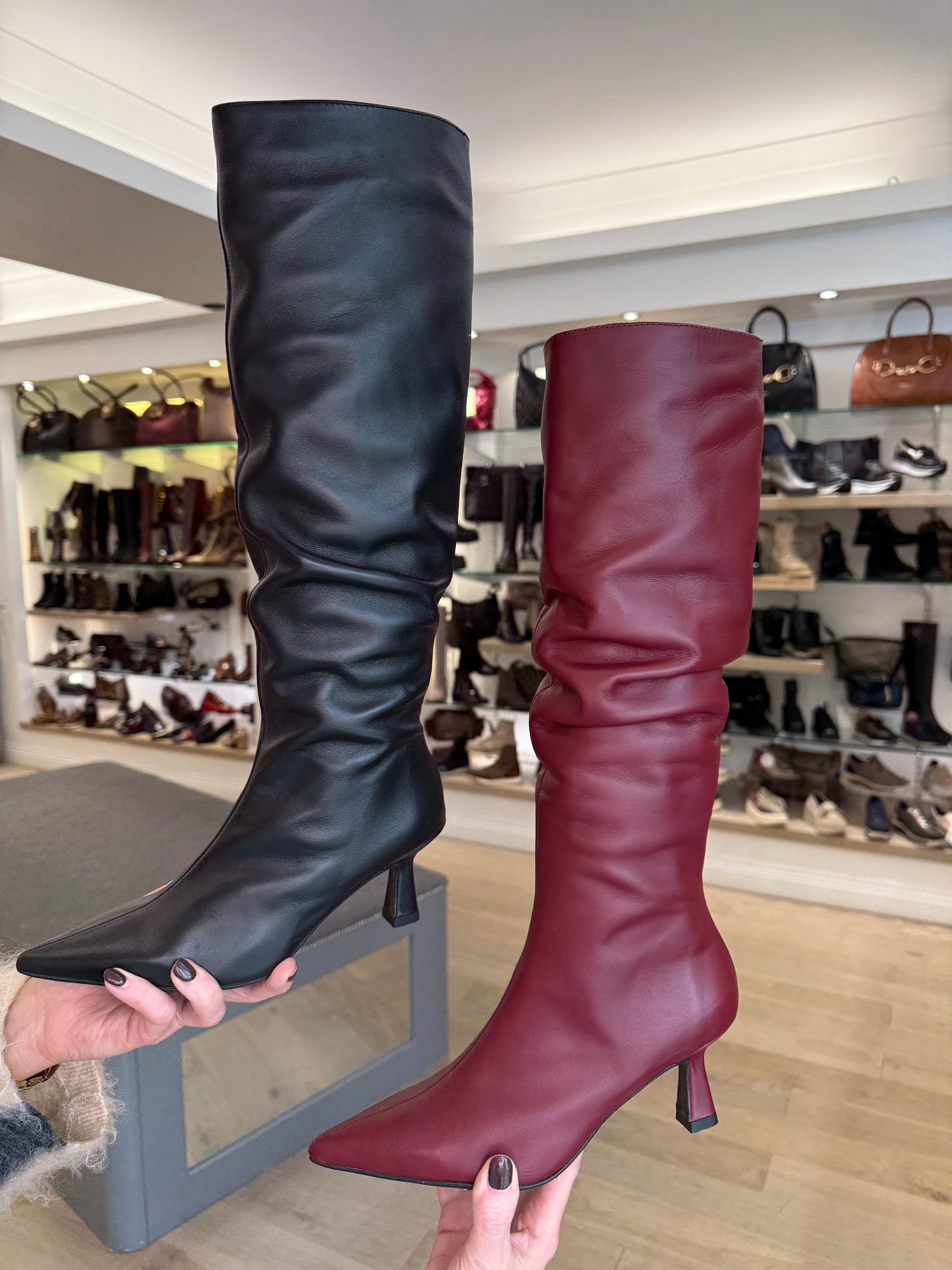 Marian - Long Black Leather Ruched Boot