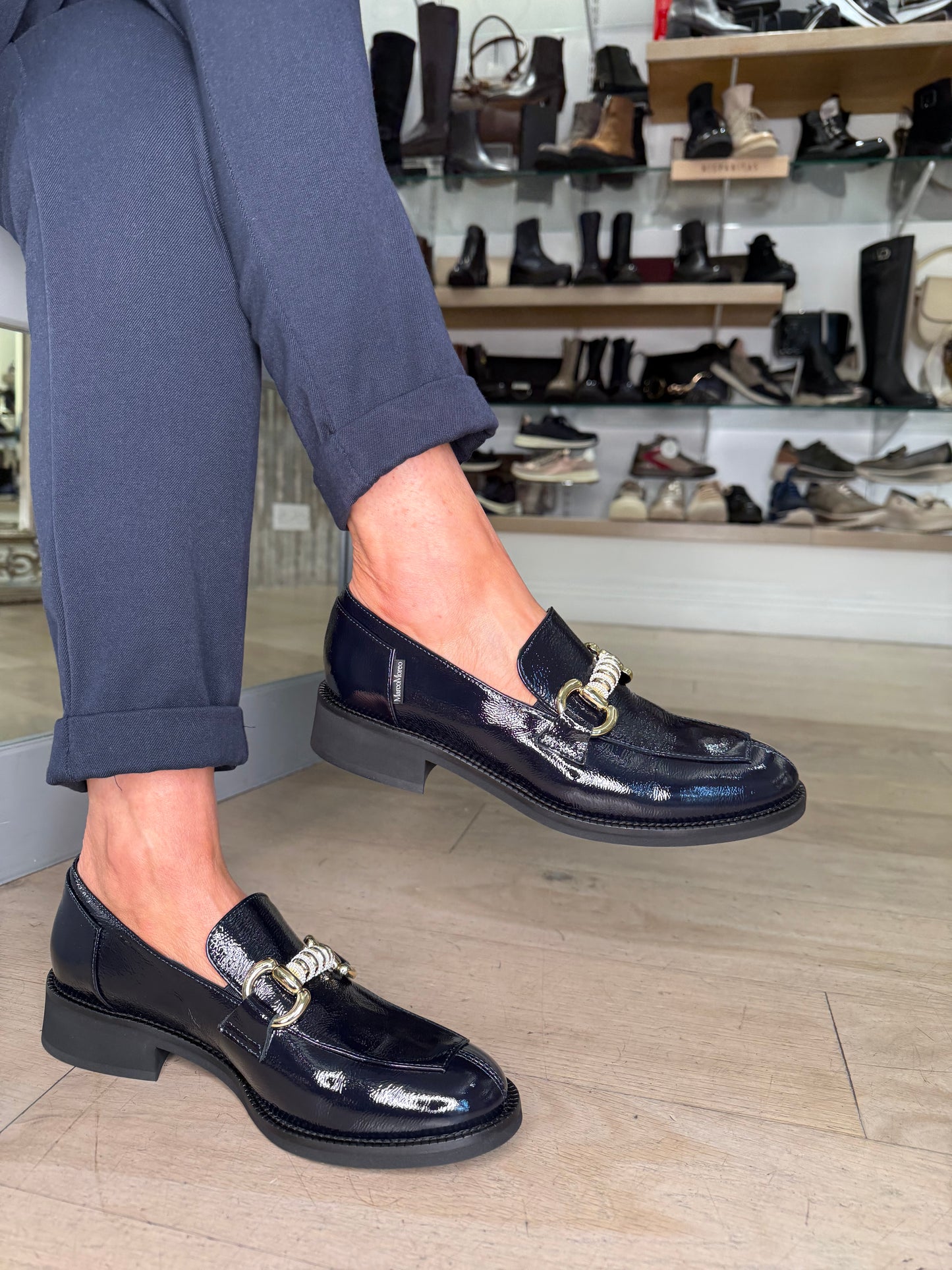 Marco Moreo - Dark Navy Flexy Patent Loafer With Gold Chain Trim