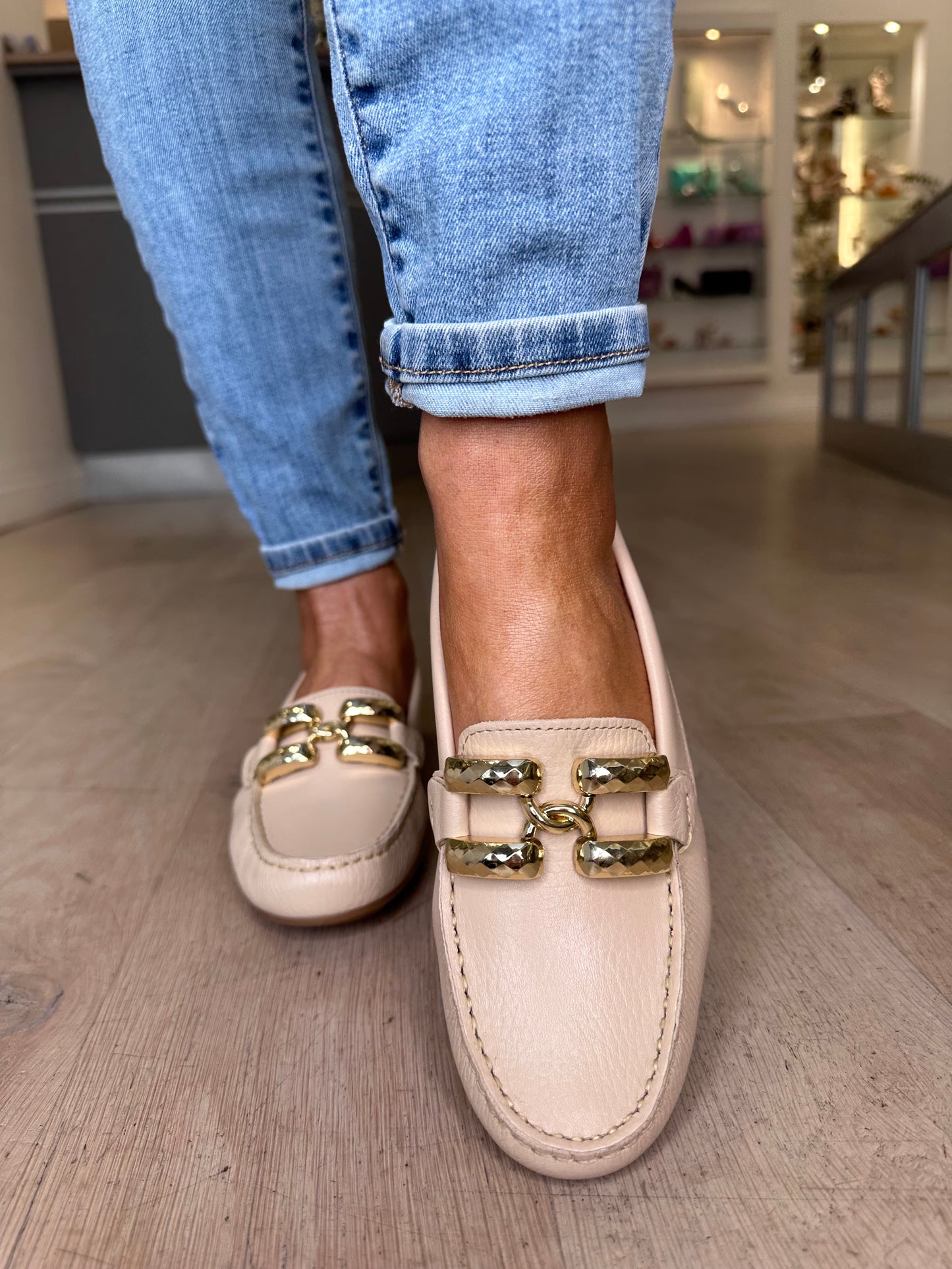 Dchicas (By Viguera) - Beige Soft Leather Loafer With Chunky Gold Trim