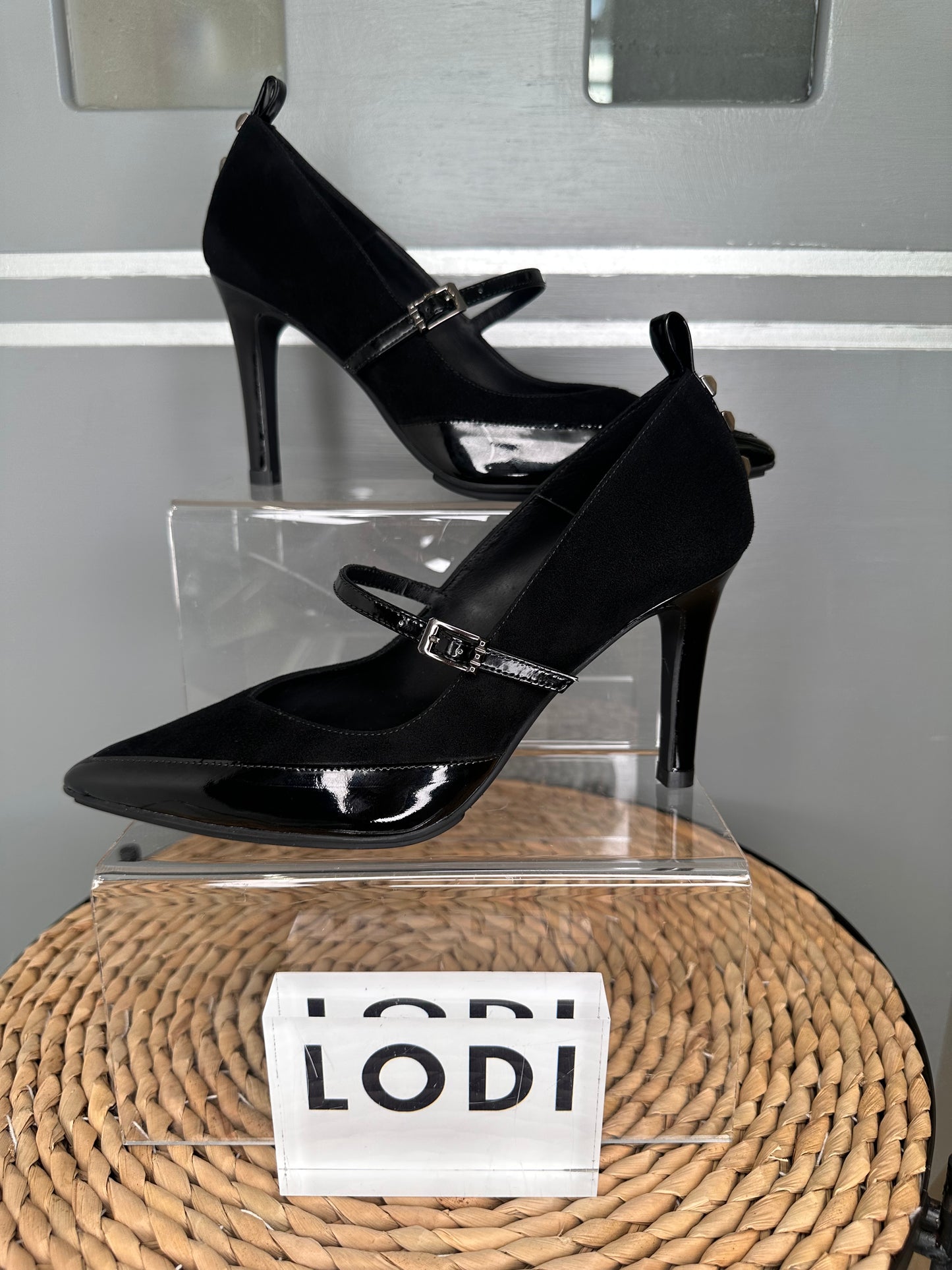 Lodi - Roala Black Patent / Suede Mary Jane Style Pointy Toe Court Shoe