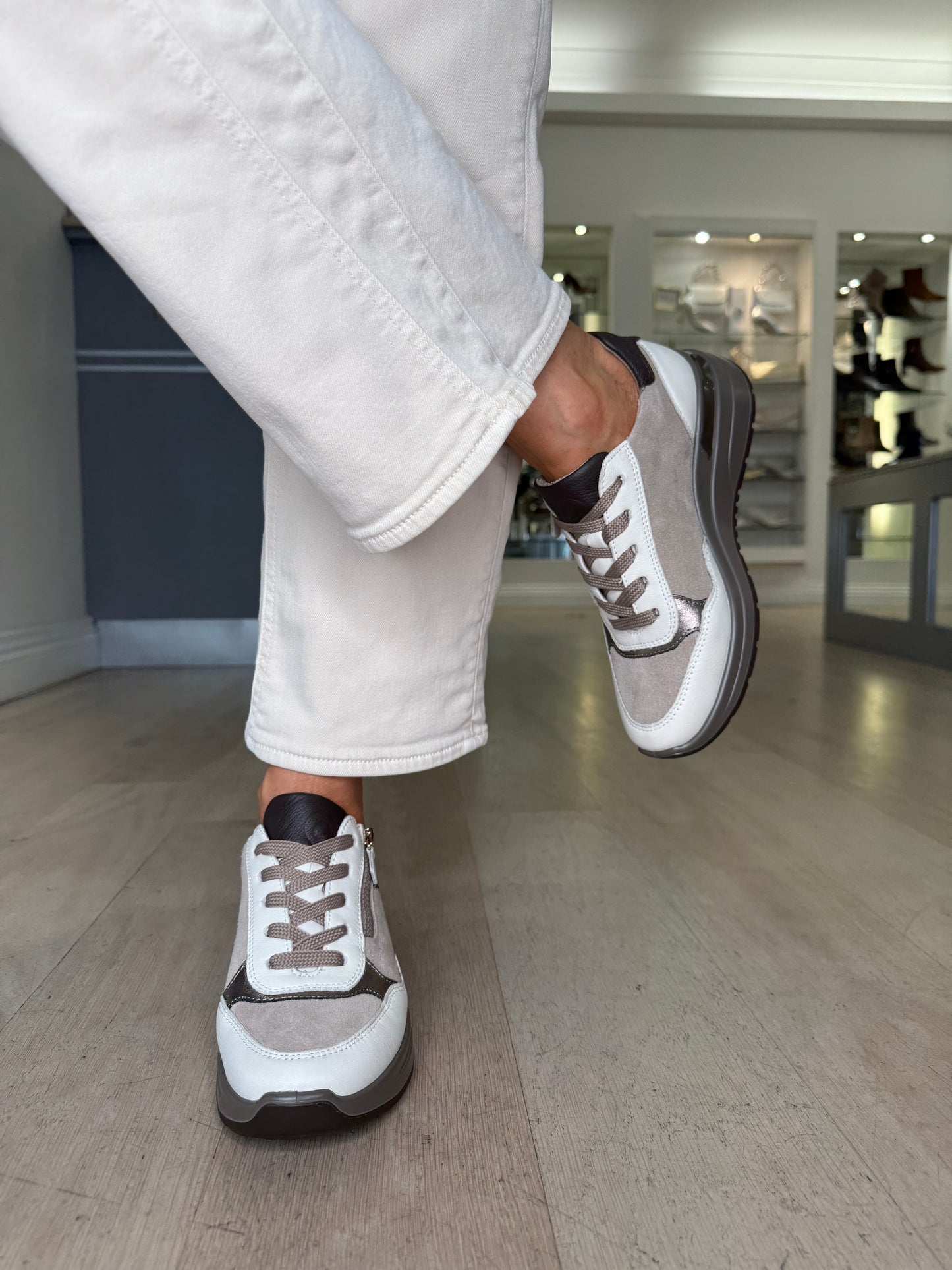 Ara -  Winter Cream & Taupe Suede Mix Lace Up Trainer With Side Zip