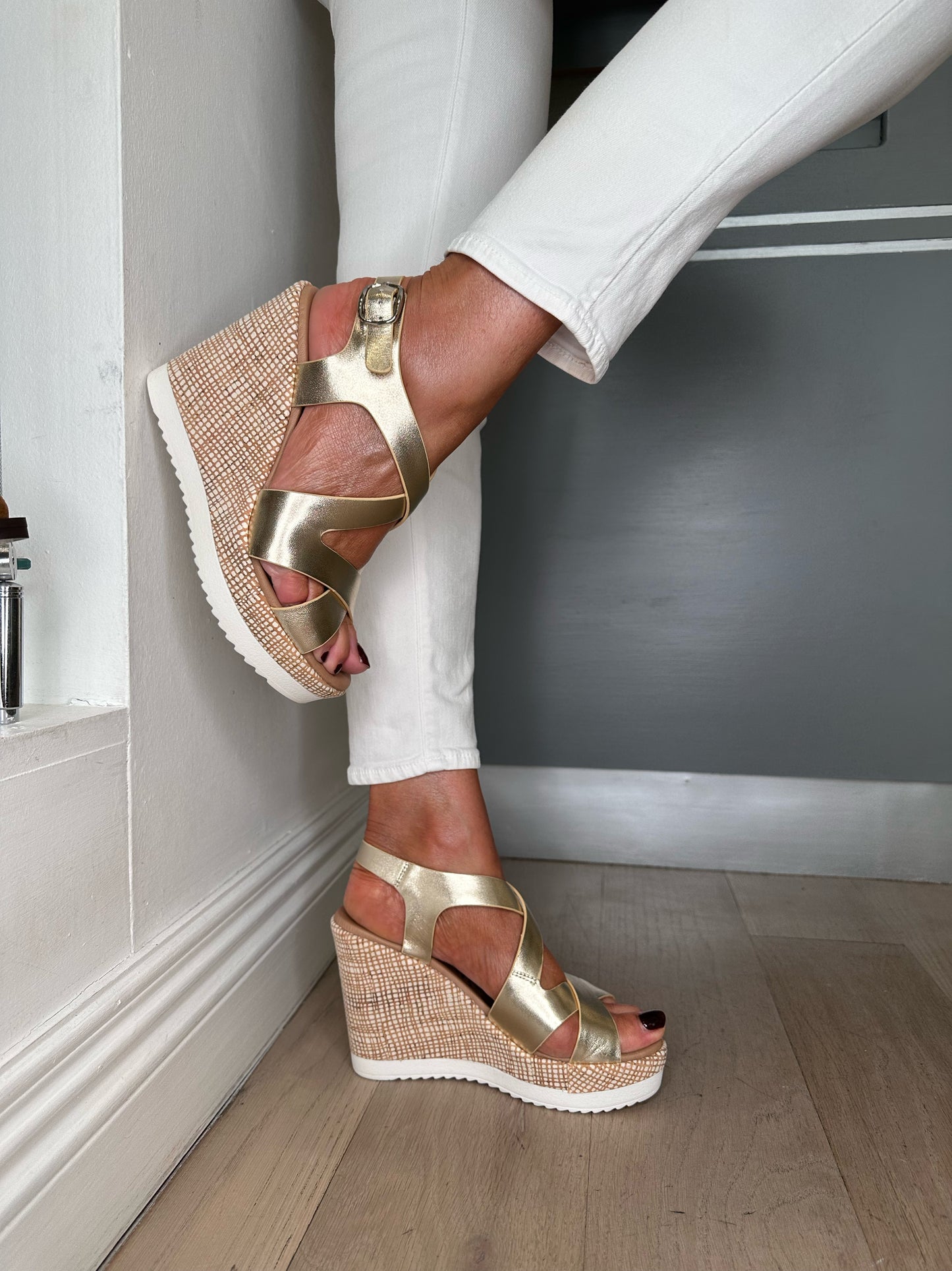 Repo - Metallic Gold Strappy Wedge Sandal