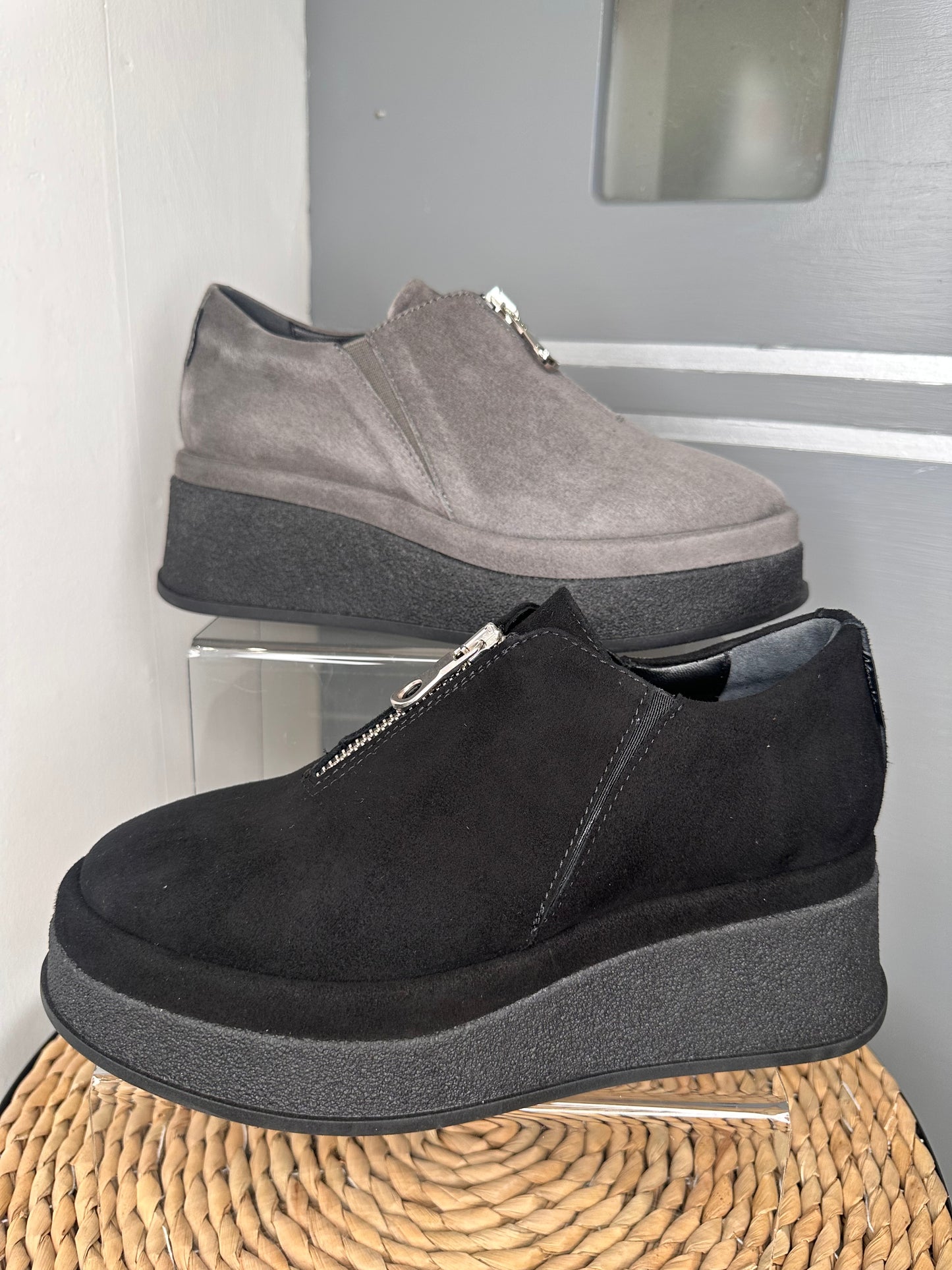 Marco Moreo - Black Suede Wedge Shoe With Front Silver Zip