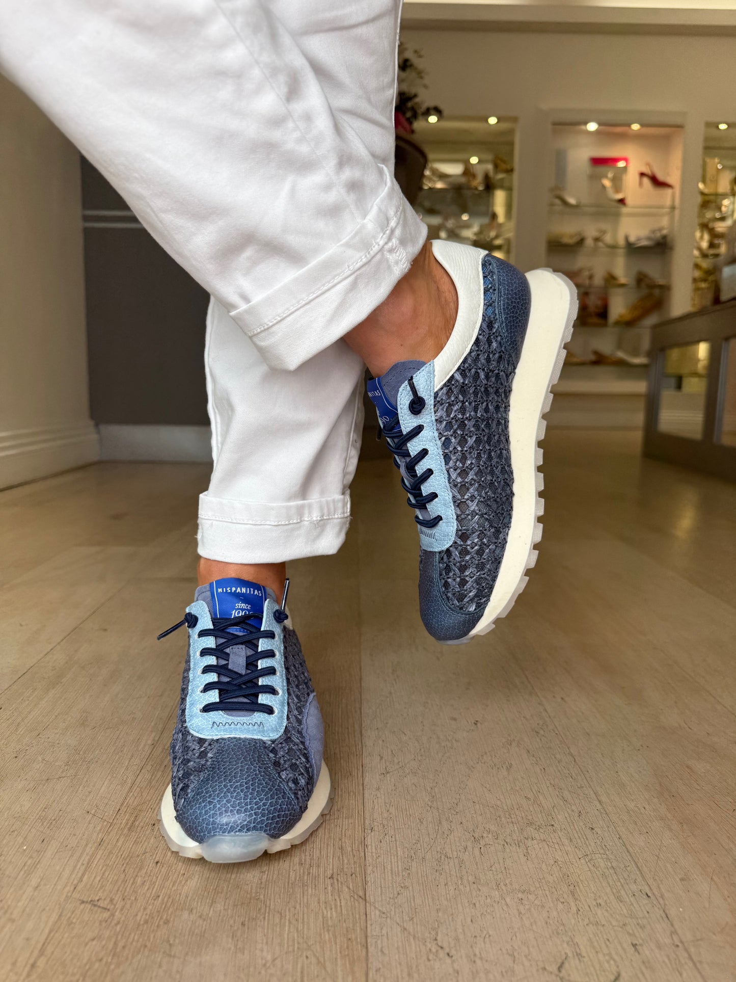 Hispanitas - Blue Weave/ Leather Mix Pull On Trainer With White Trim