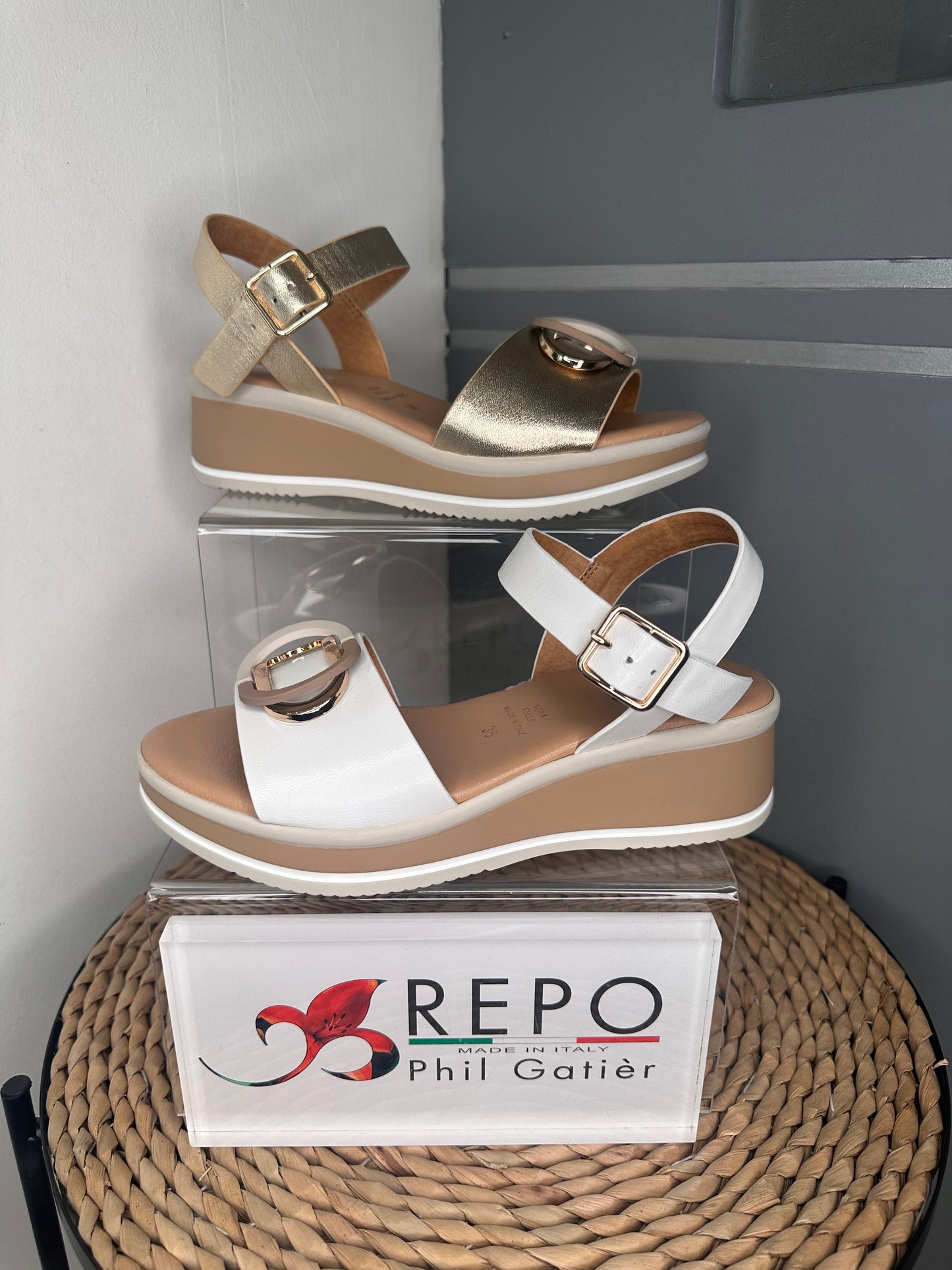 Repo -  Gold Sandal With Gold & Cream Trim & A Medium Wedge Heel