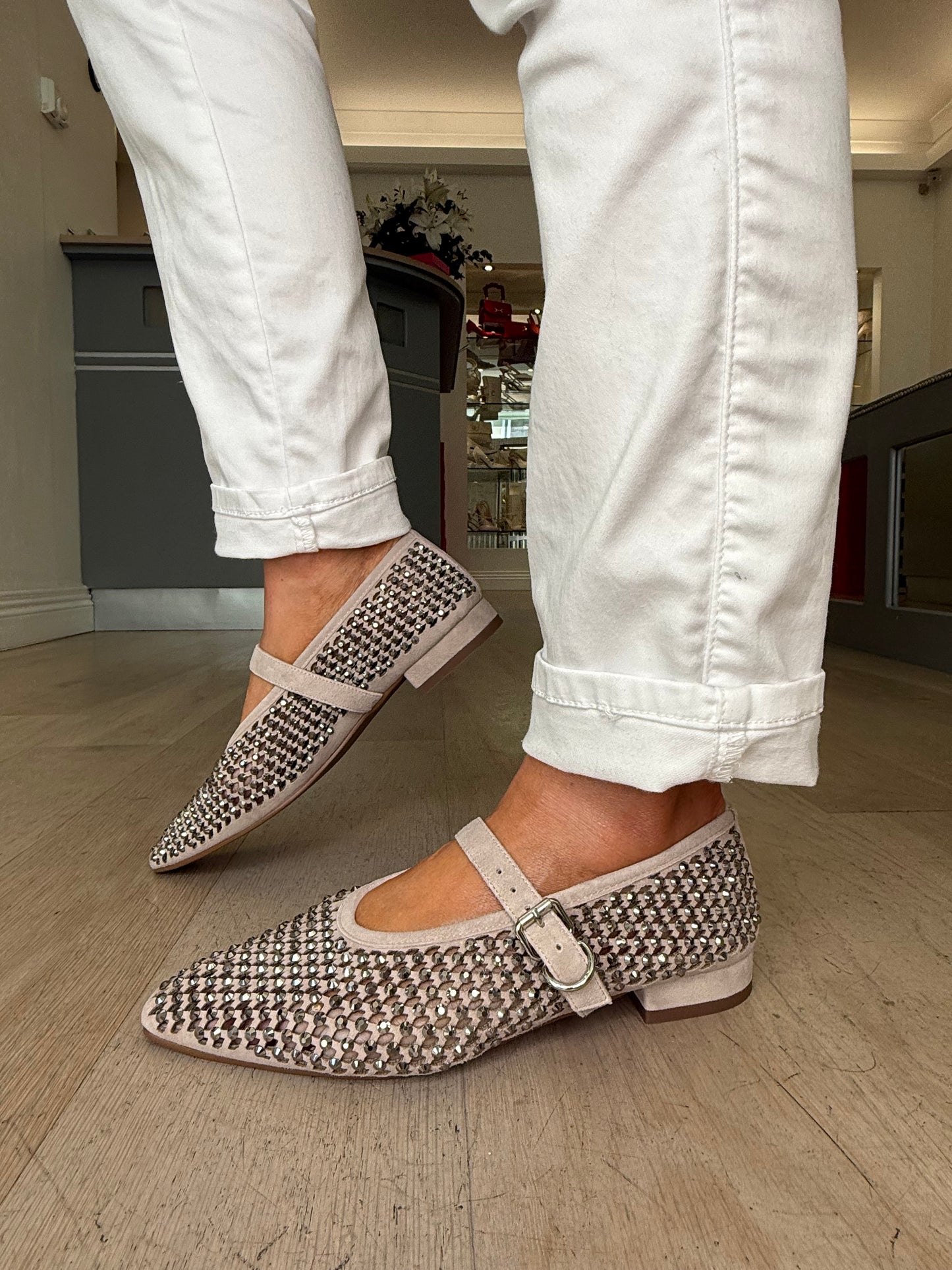 Pedro Anton (By Marian) - Soft Mink Suede Pointy Toe Diamante Mary Jane Pomp Shoe