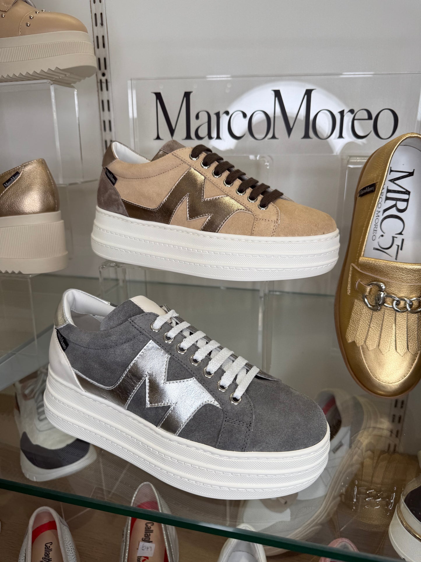 Marco Moreo - Madonna Grey Suede Flatform Sole Trainer With Silver & White Trim
