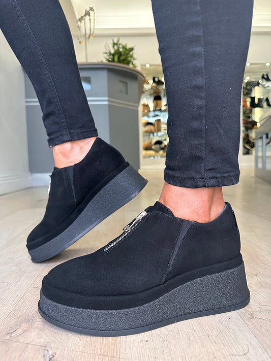 Marco Moreo - Black Suede Wedge Shoe With Front Silver Zip