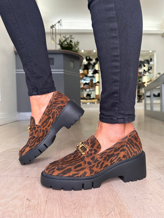 Unisa - Tiger Print Suede Chunky Loafer With Gold Chain Trim