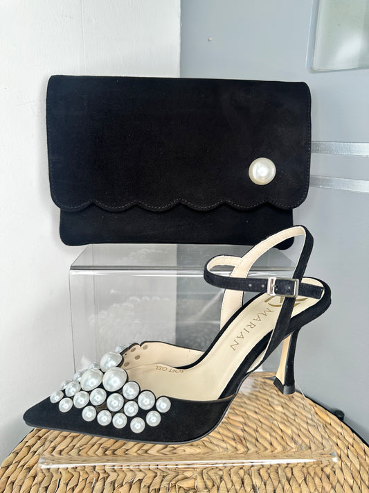 Marian - Matching Black Suede Bag With Pearl Trim