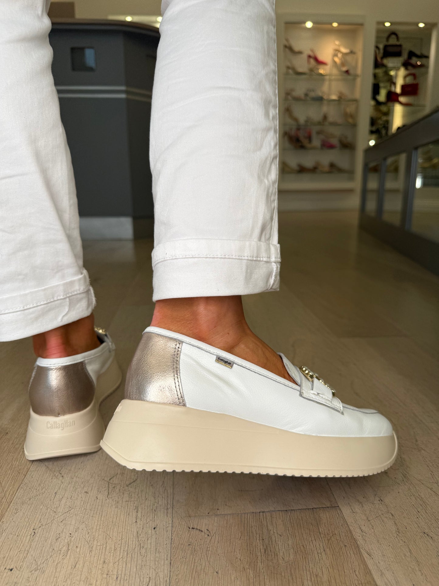 Callaghan - White Leather Slip On Wedge Shoe With Diamante Trim