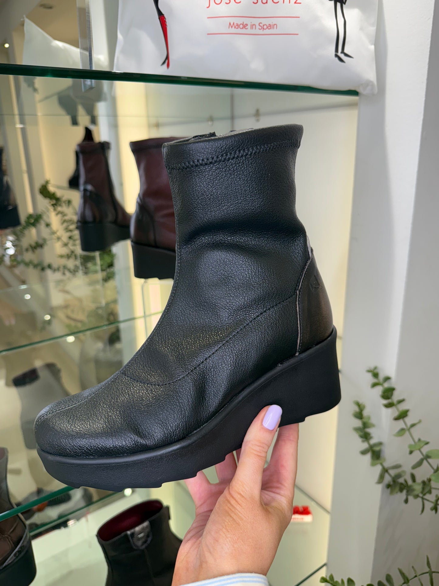 Jose Saenz -Black Stretch Leather Wedge Boot With Soft Bronze & Camel Trim