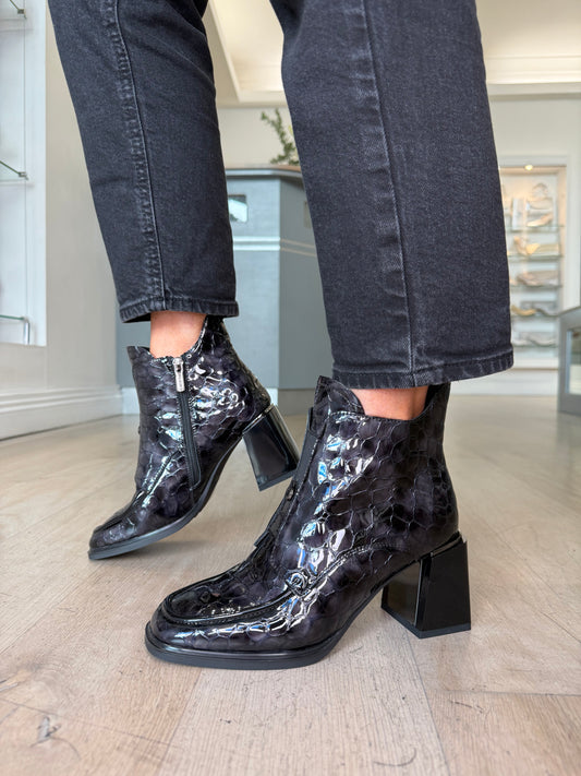 Loretta Vitale - Black/ Grey Croc Patent Square Toe Block Heel Boot