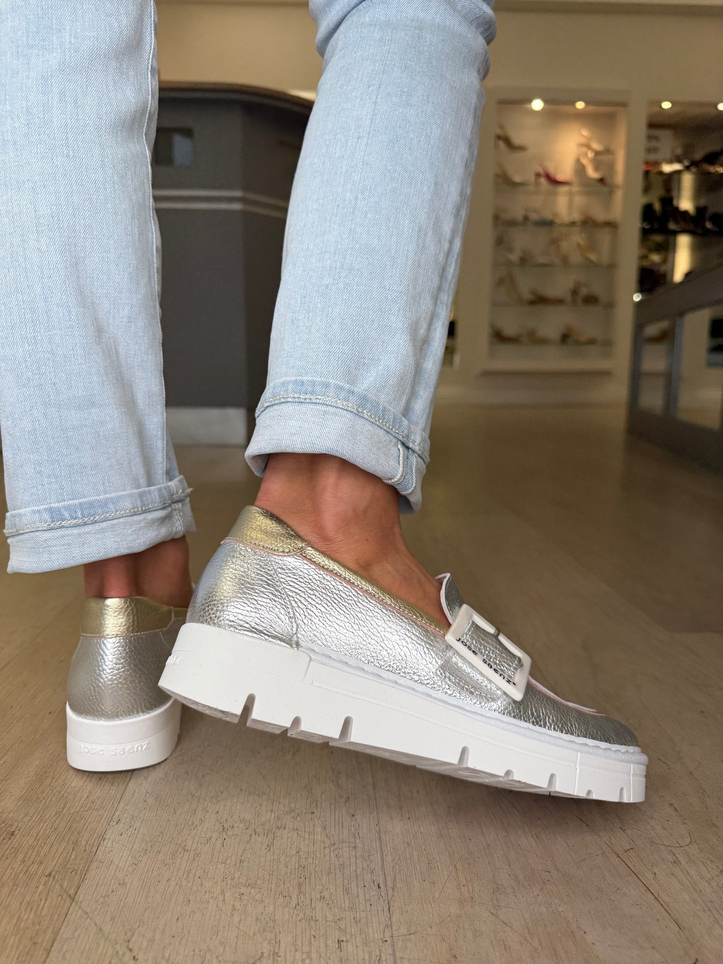 Jose Saenz - Metallic Silver Slip On Shoe With Metallic Gold Trim