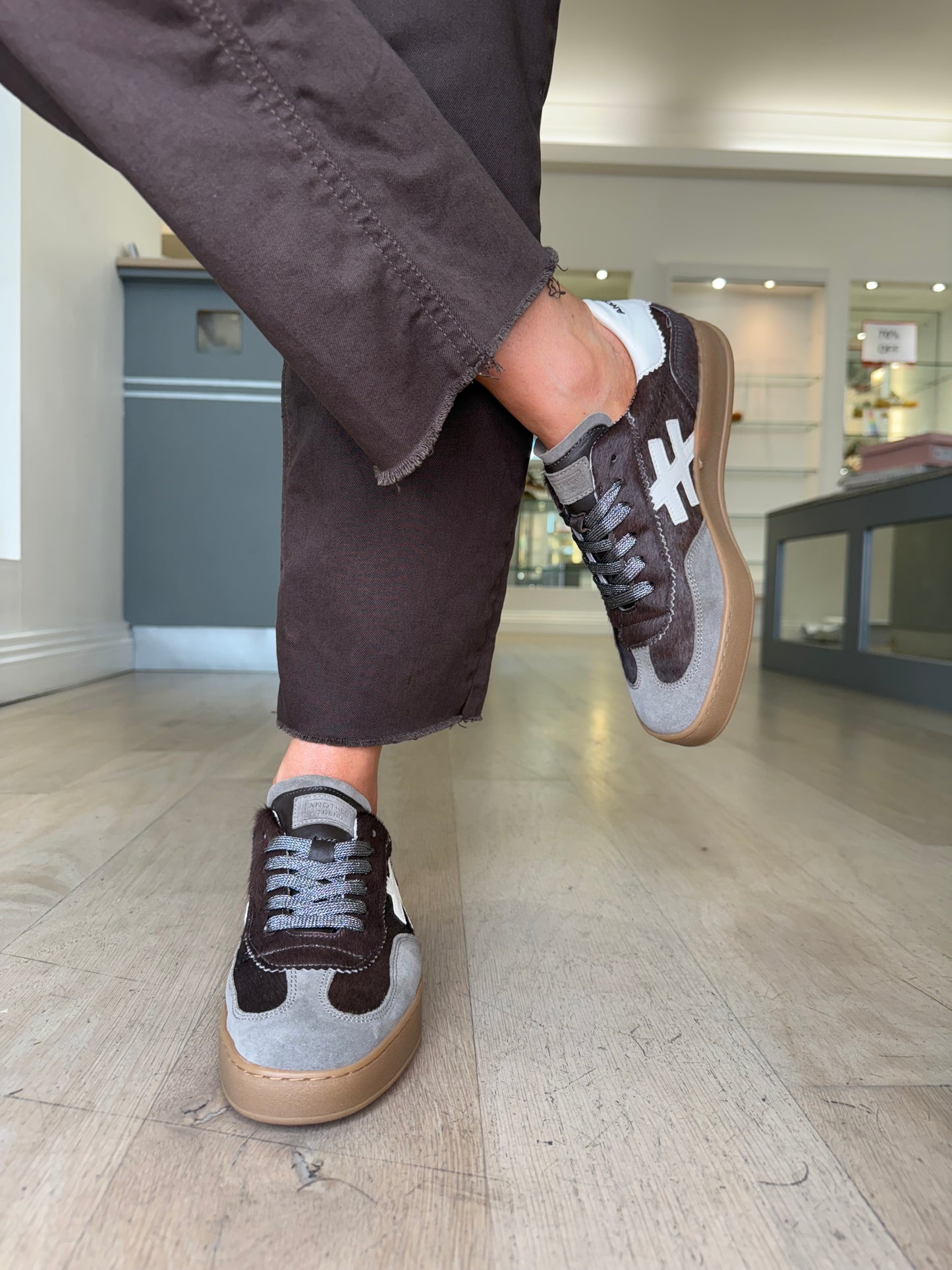 Another Trend -Chocolate Brown Pony Skin Mink Suede Mix Trainer With White Patent Trim