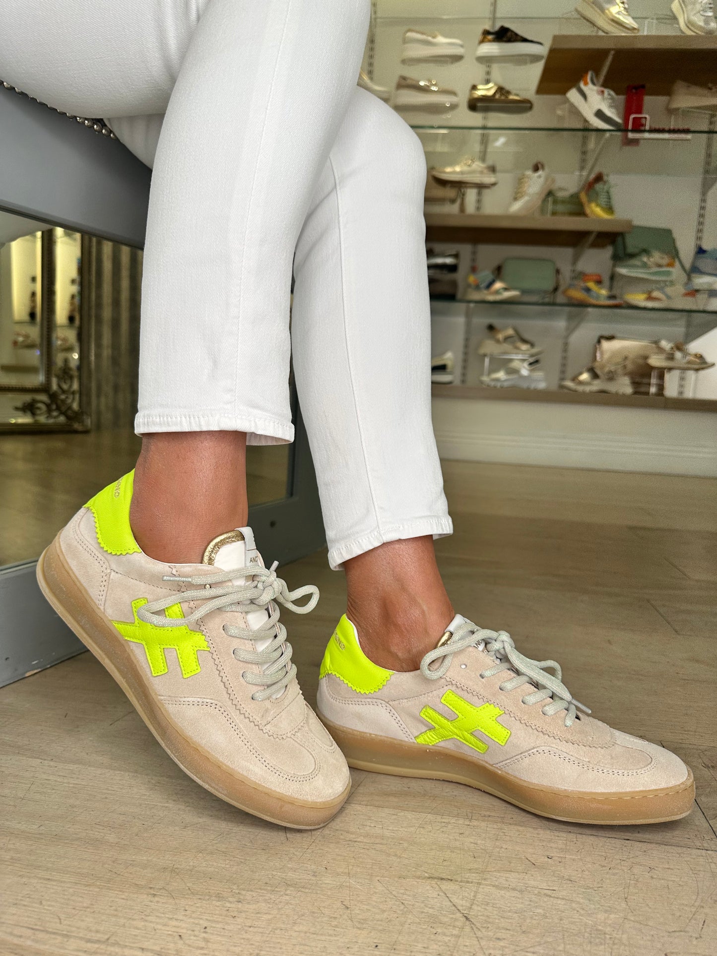 Another Trend - Soft Beige Suede Trainer With Neon Yellow Trim