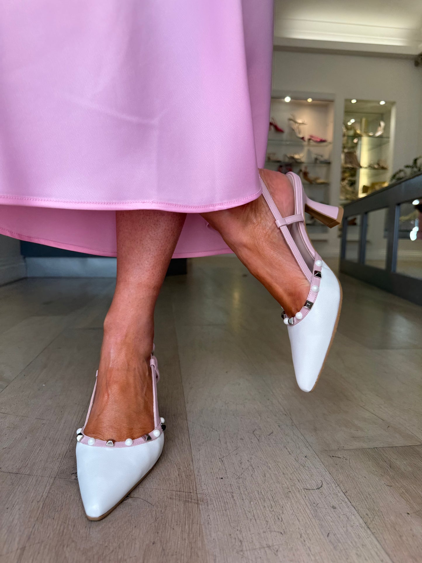 Lodi - White/ Pink Slingback Court Shoe With Pearl & Silver Stud Trim