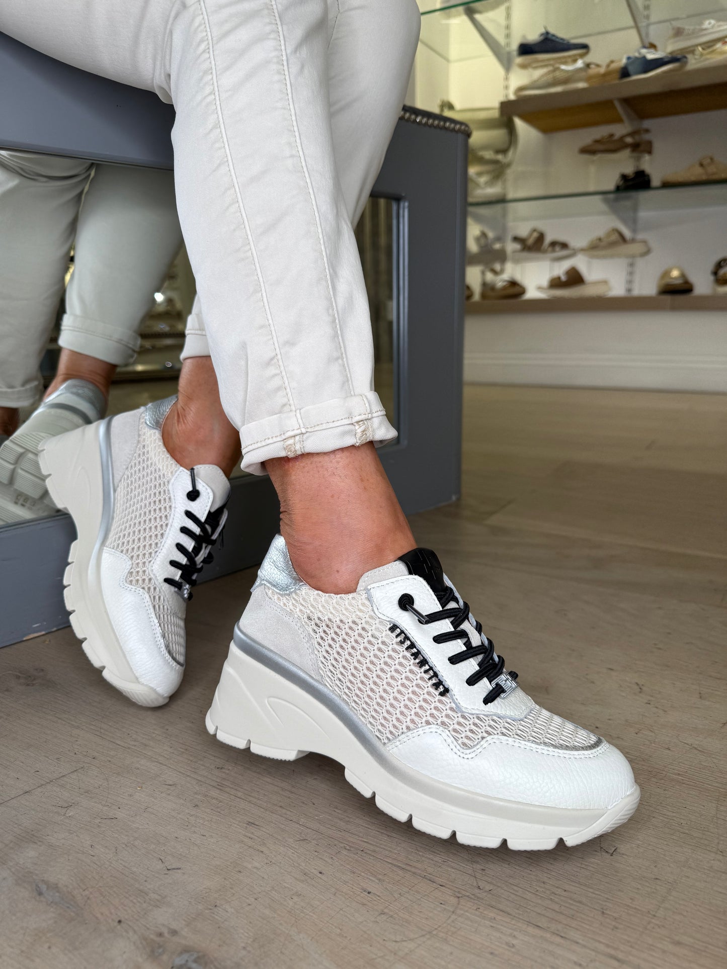 Hispanitas - White Leather Trainer With Black Lace & Silver Trim
