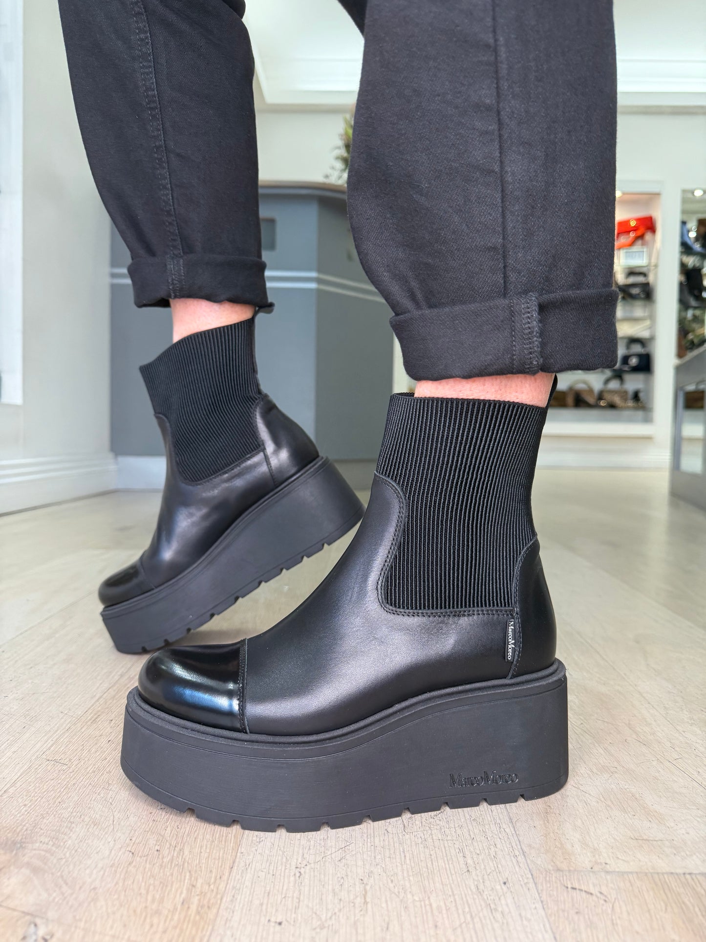 Marco Moreo - Brenda Black Leather & Fabric Panel Platform Boot