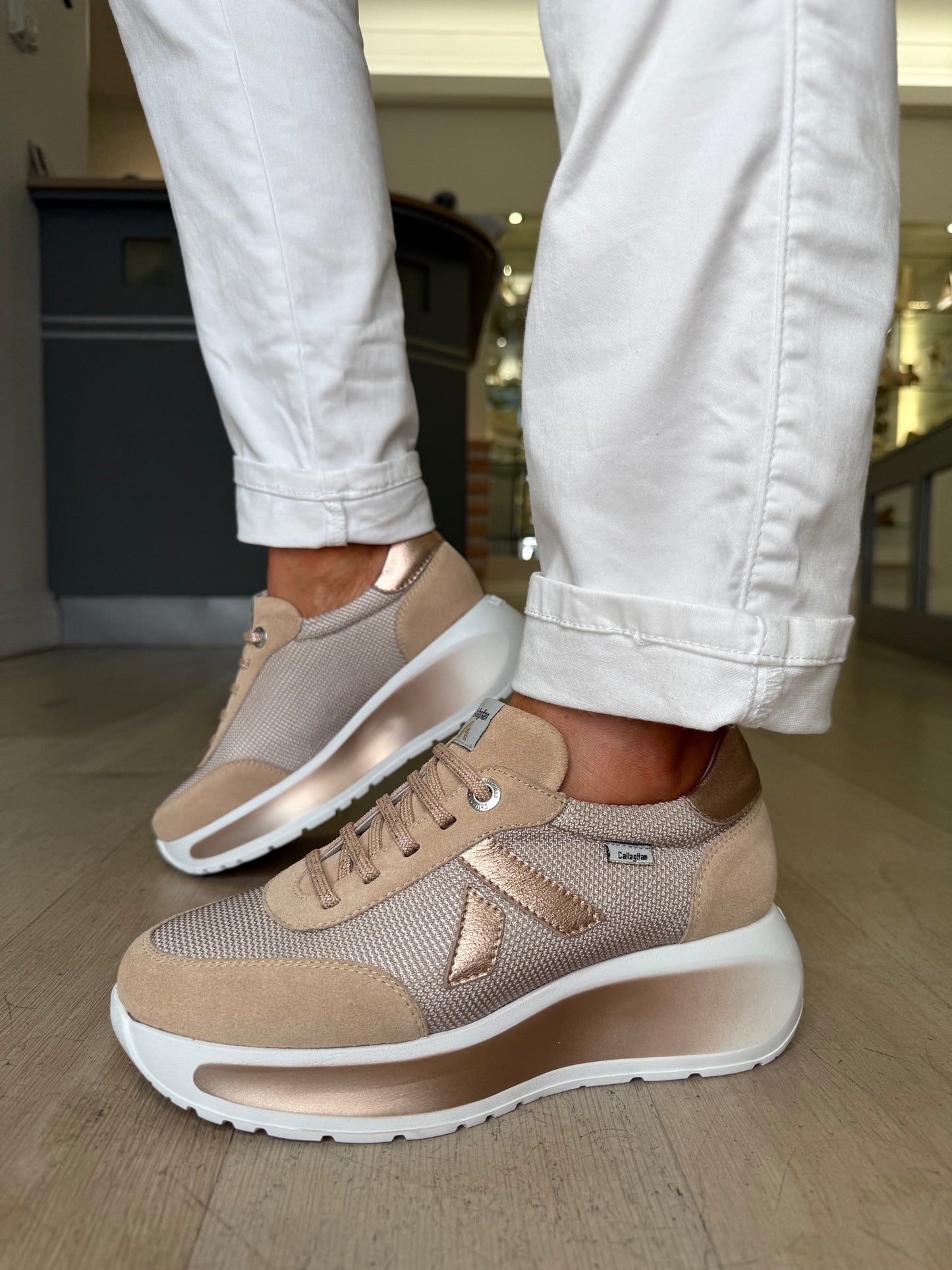 Callaghan - Sand Suede Lace Up Shoe With Rose Gold  Metallic Trim