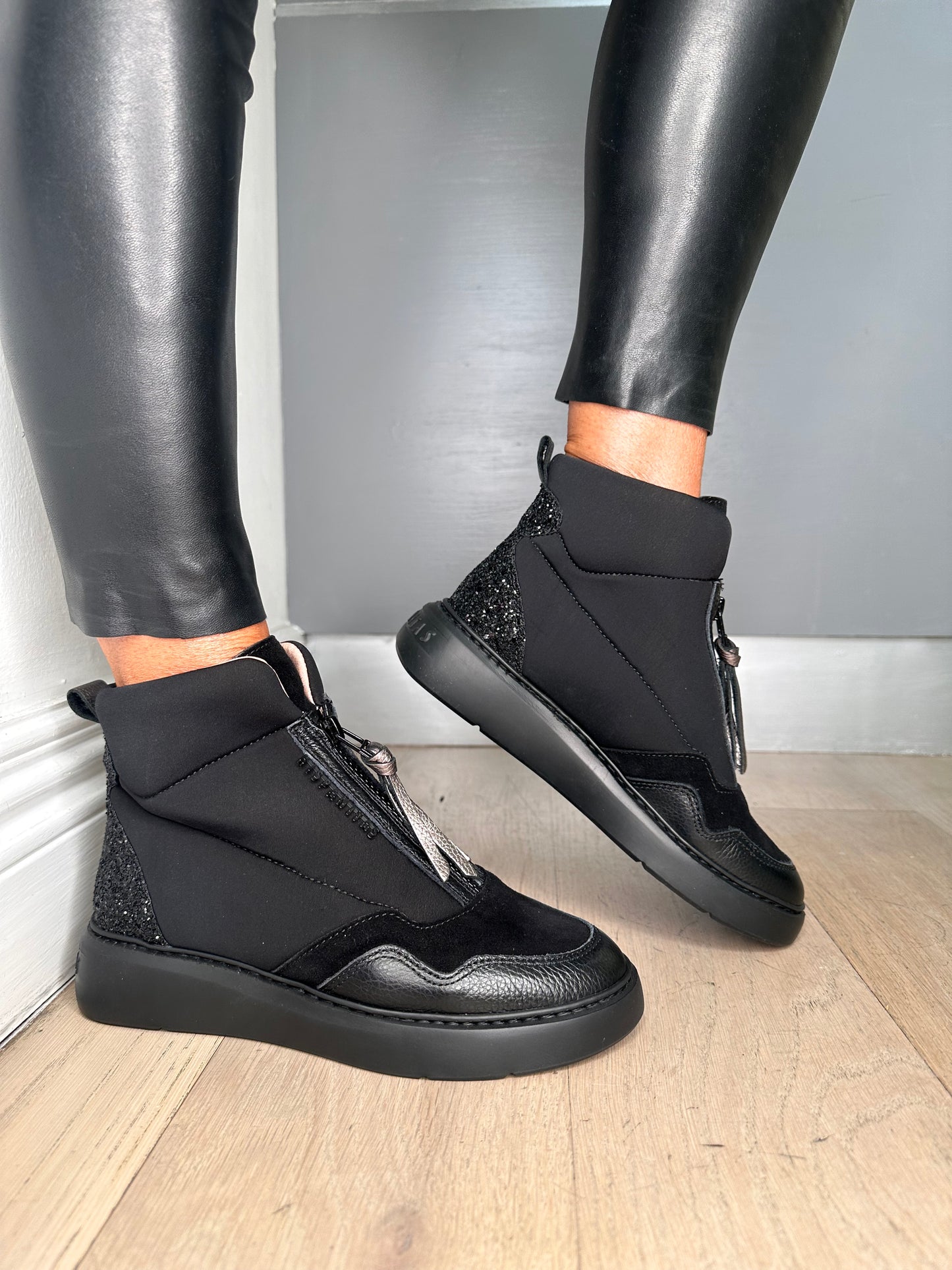 Hispanitas - Black Fabric/Suede Glitter Trim Sporty Boot