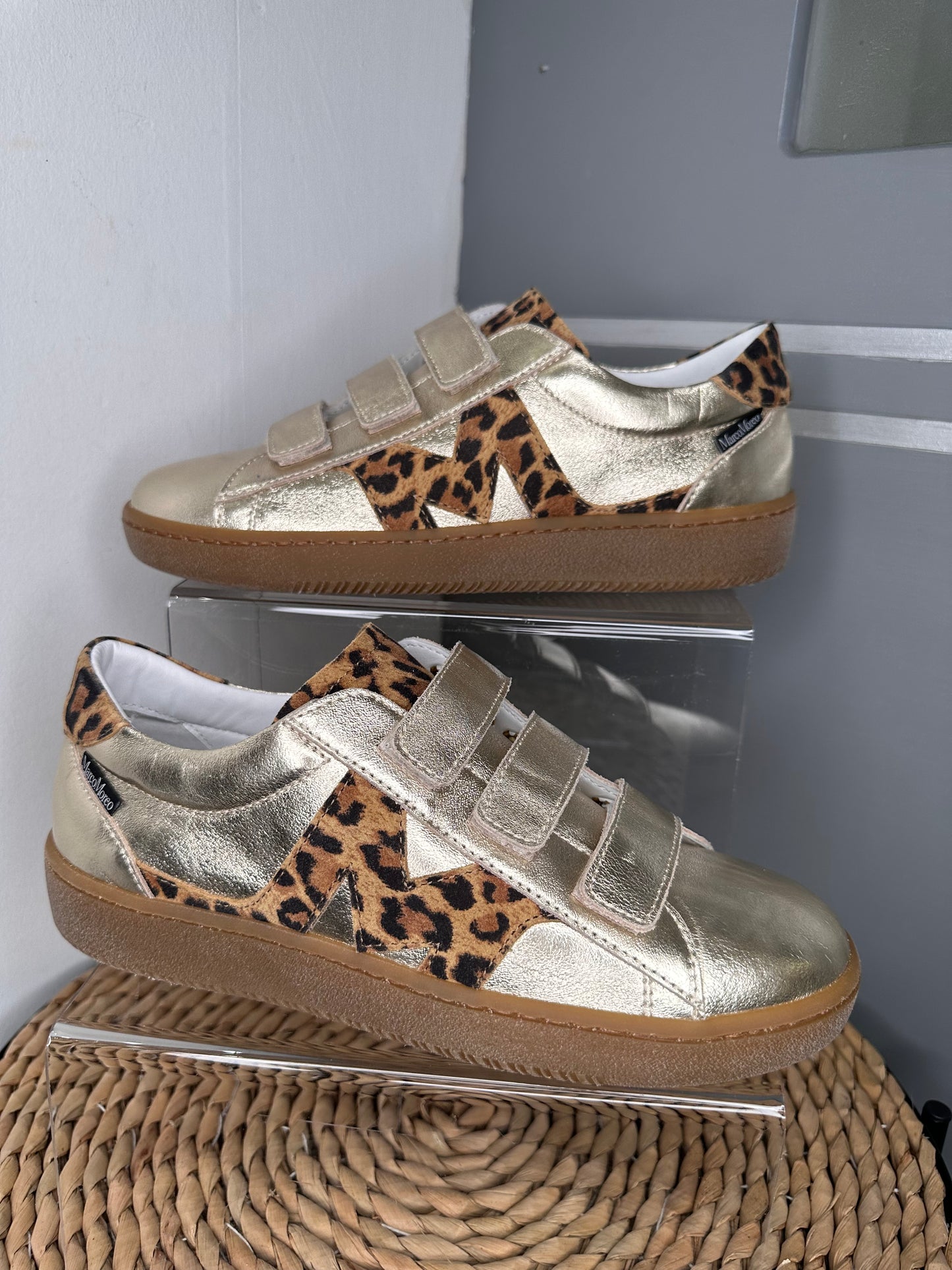 Marco Moreo - Metallic Gold Nappa Leather Trainer With Velcro Straps & Leopard Print Trim