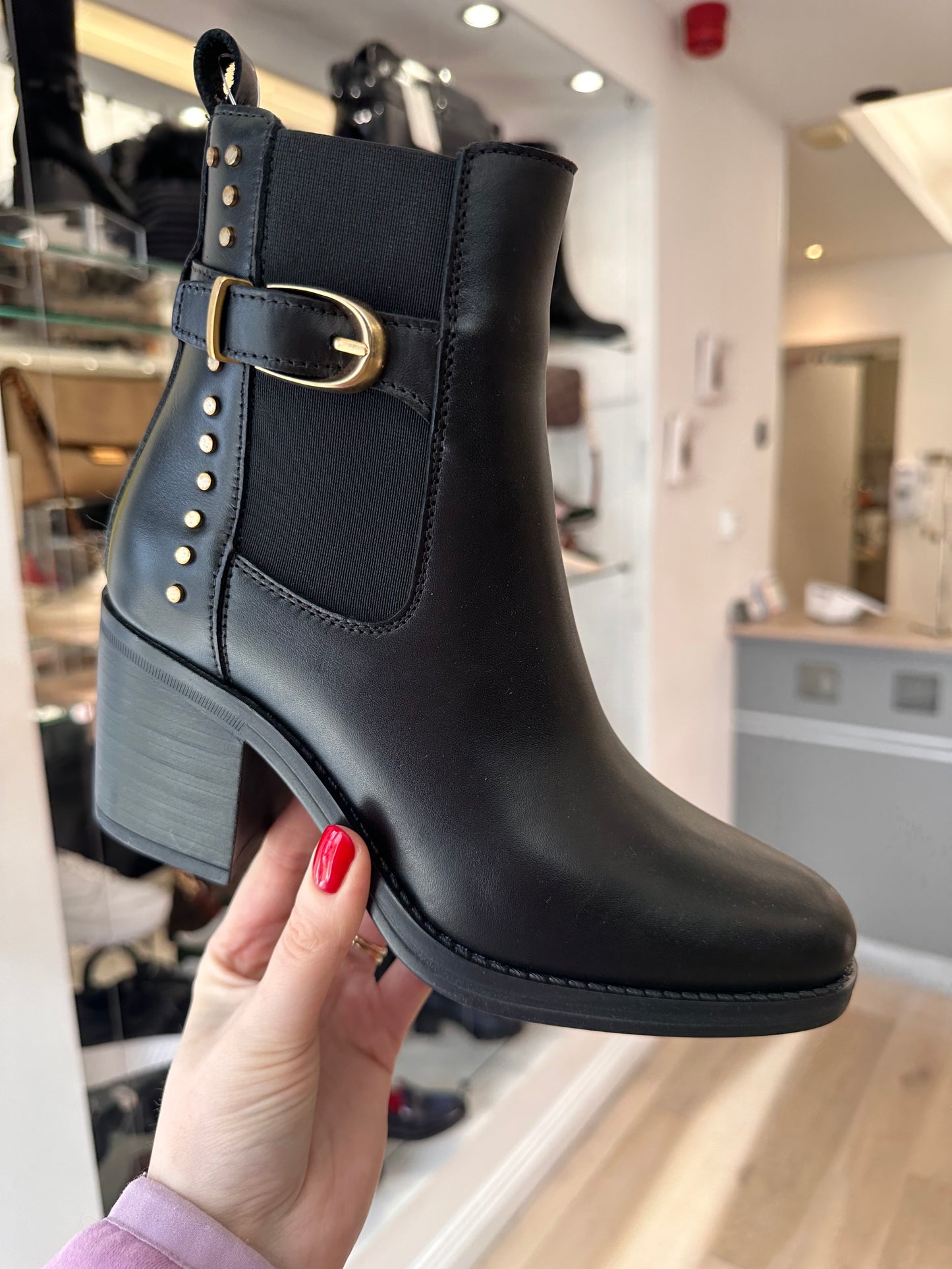 Alpe - Black Leather Pull On Block Heel Boot With Gold Trim