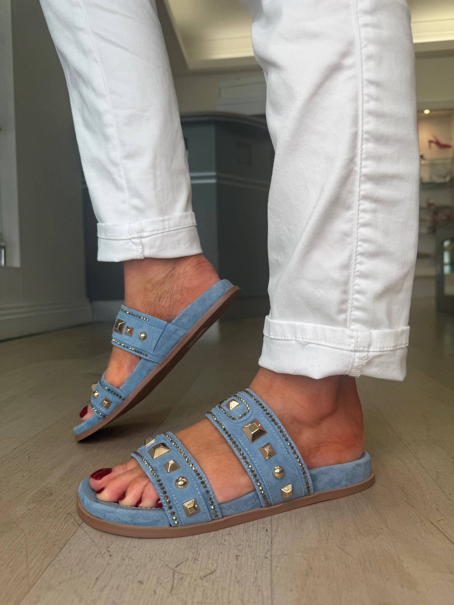 Lodi - Jean Suede 2 Strap Slider With Gold Stud Trim