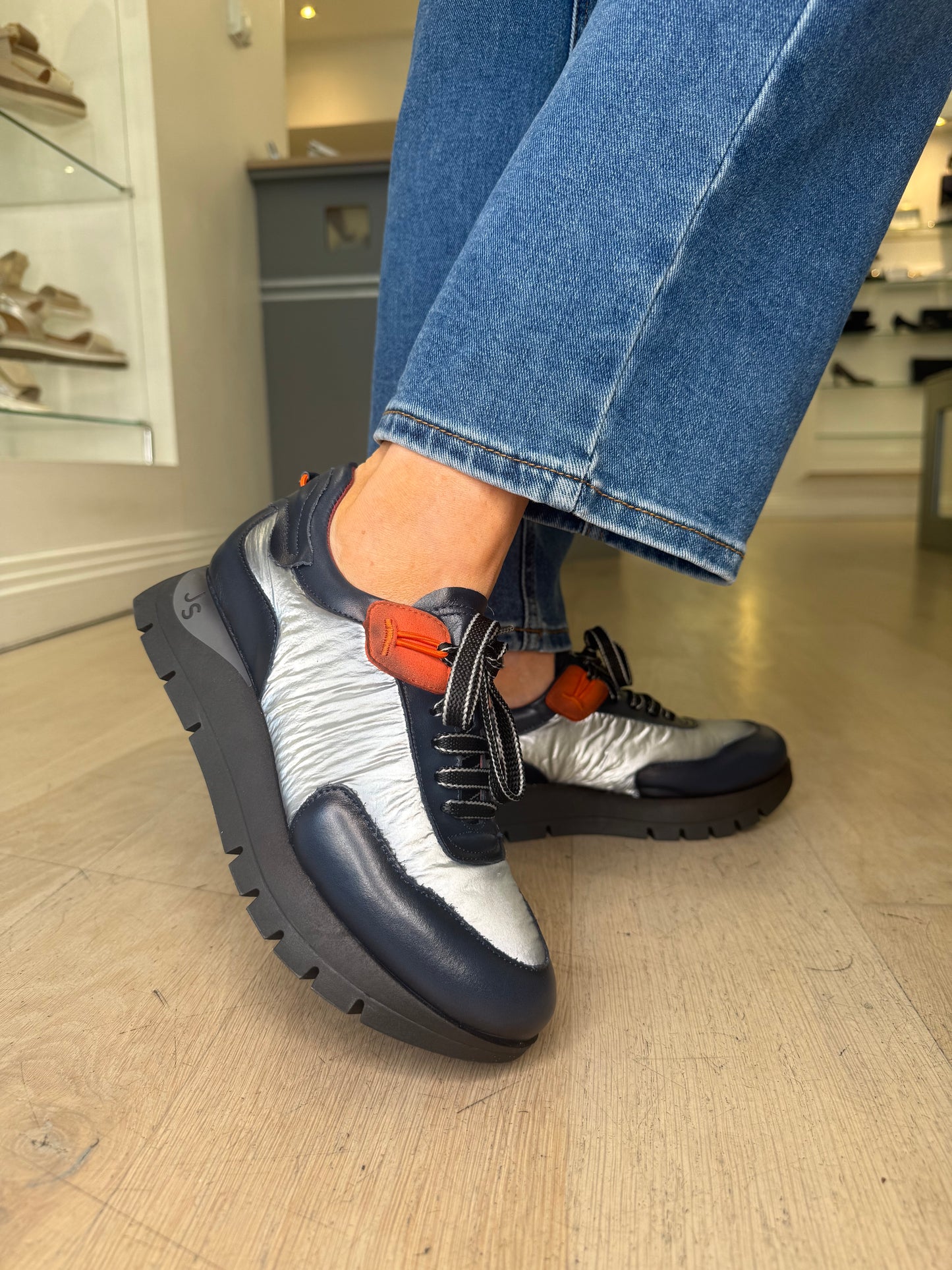 Jose Saenz - Dark Navy Leather Trainer With Metallic Silver Cushioned Fabric & Orange Trim