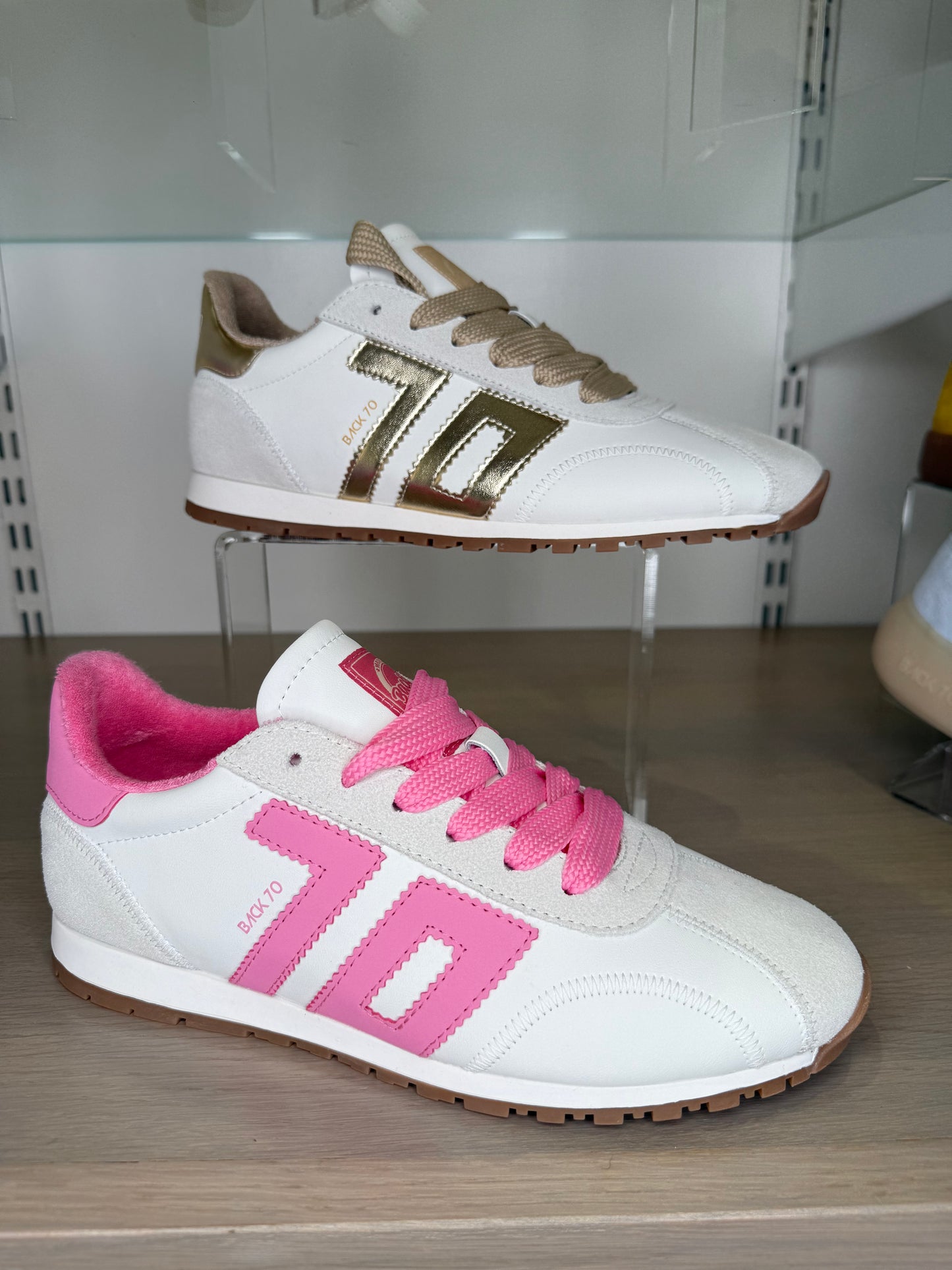 Back 70 -White Leather Trainer With Soft  Suede & Metallic Gold Trim