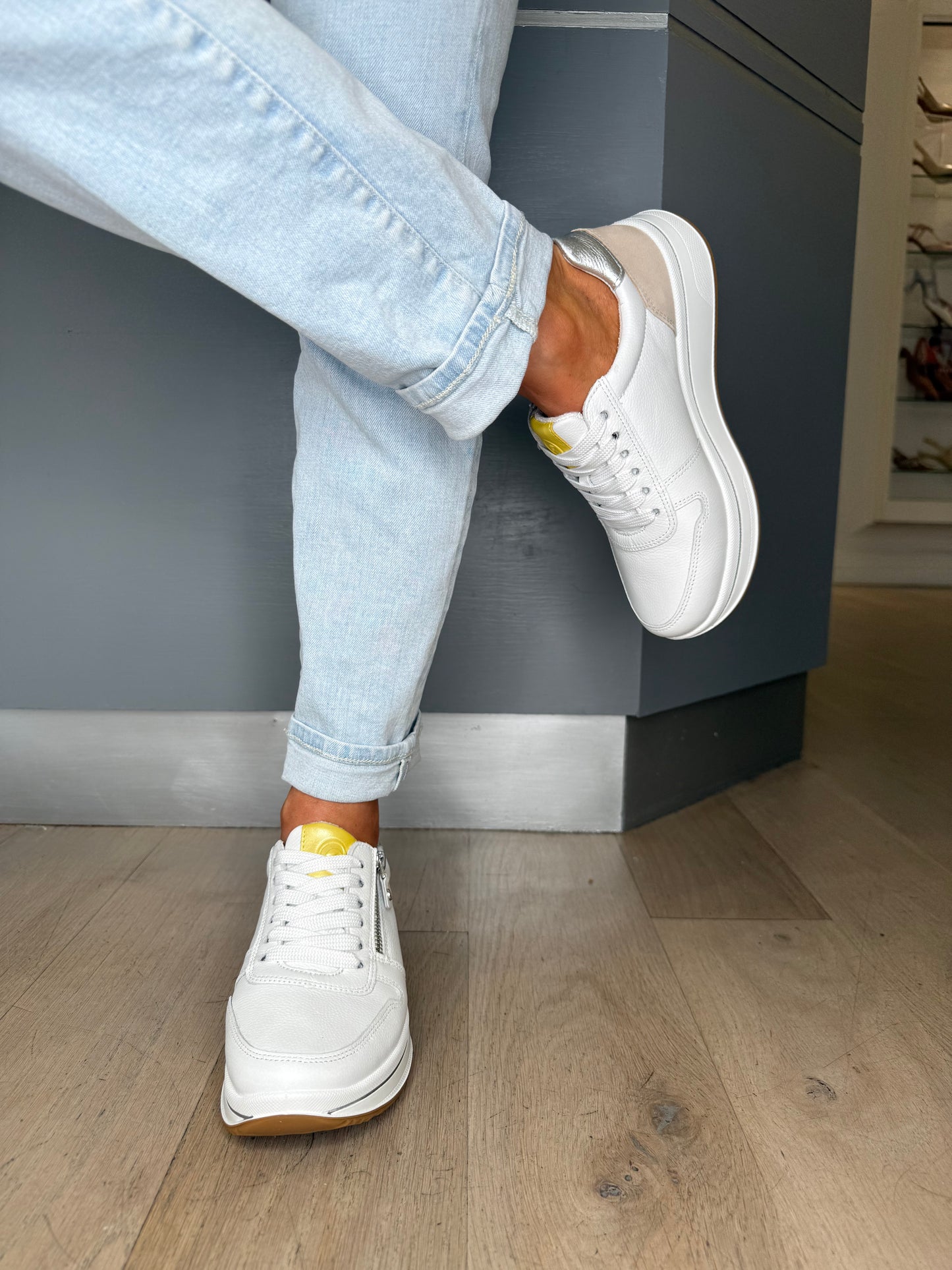 Ara - White Lace Up Trainer With Side Zip & Yellow & Beige Suede Trim