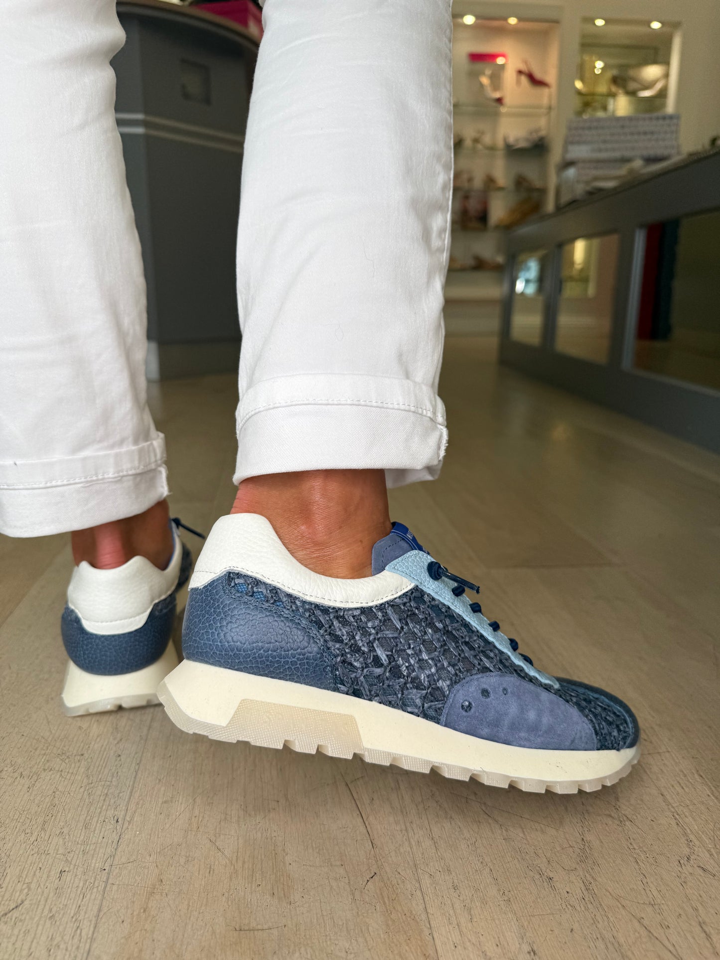 Hispanitas - Blue Weave/ Leather Mix Pull On Trainer With White Trim