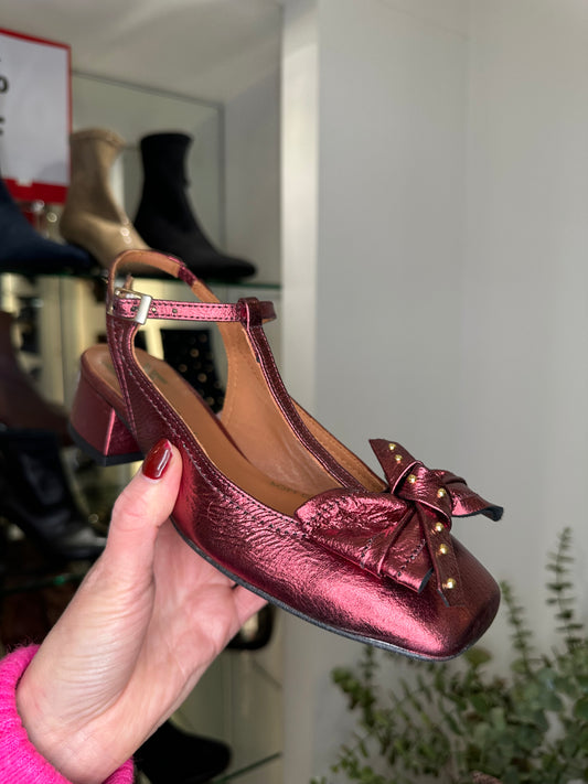 Marian - Metallic Wine T-Bar Pomp Style Shoe With Bow Trim